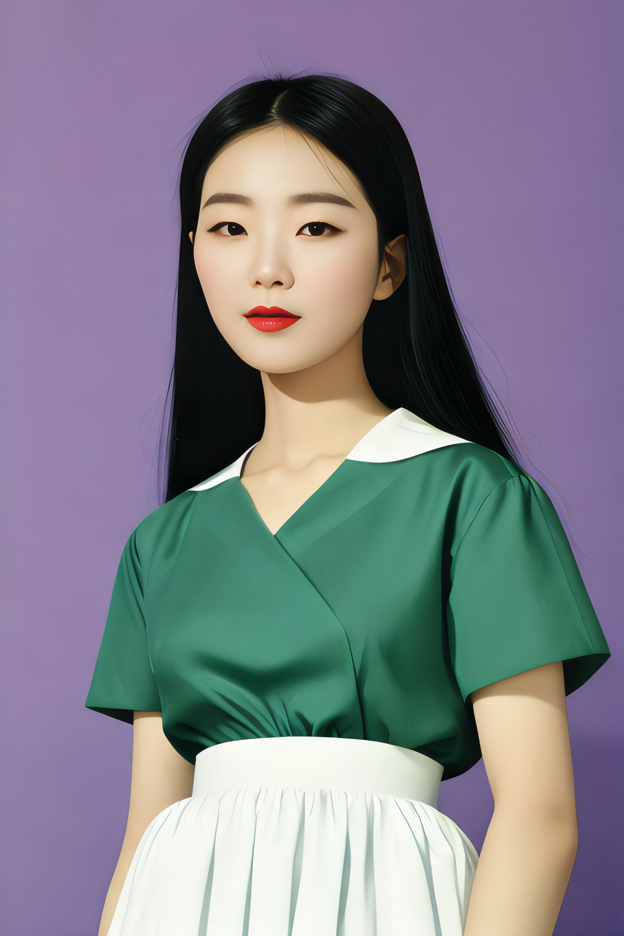 Portrait of a young woman with long black hair, wearing a teal shirt and white skirt.
