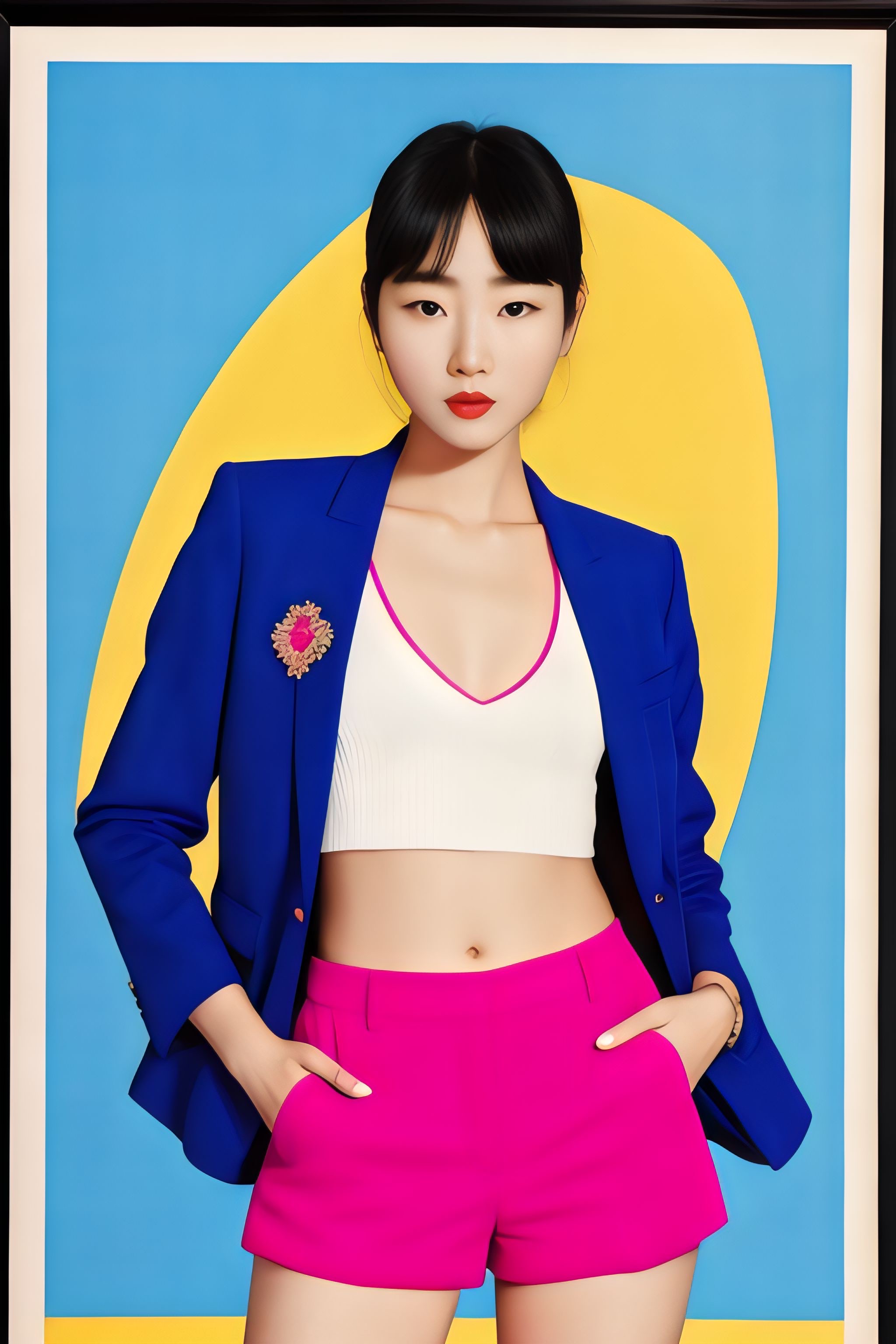 Woman in blue blazer and pink shorts against a yellow and blue background.