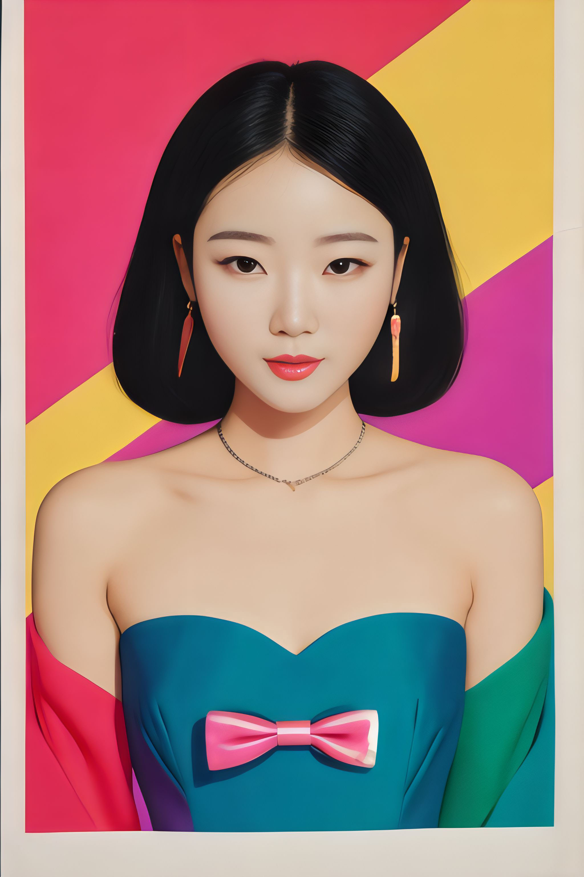 Illustration of a young woman with black bob hair, wearing a teal strapless dress with a pink bow, and gold earrings against a colorful background.