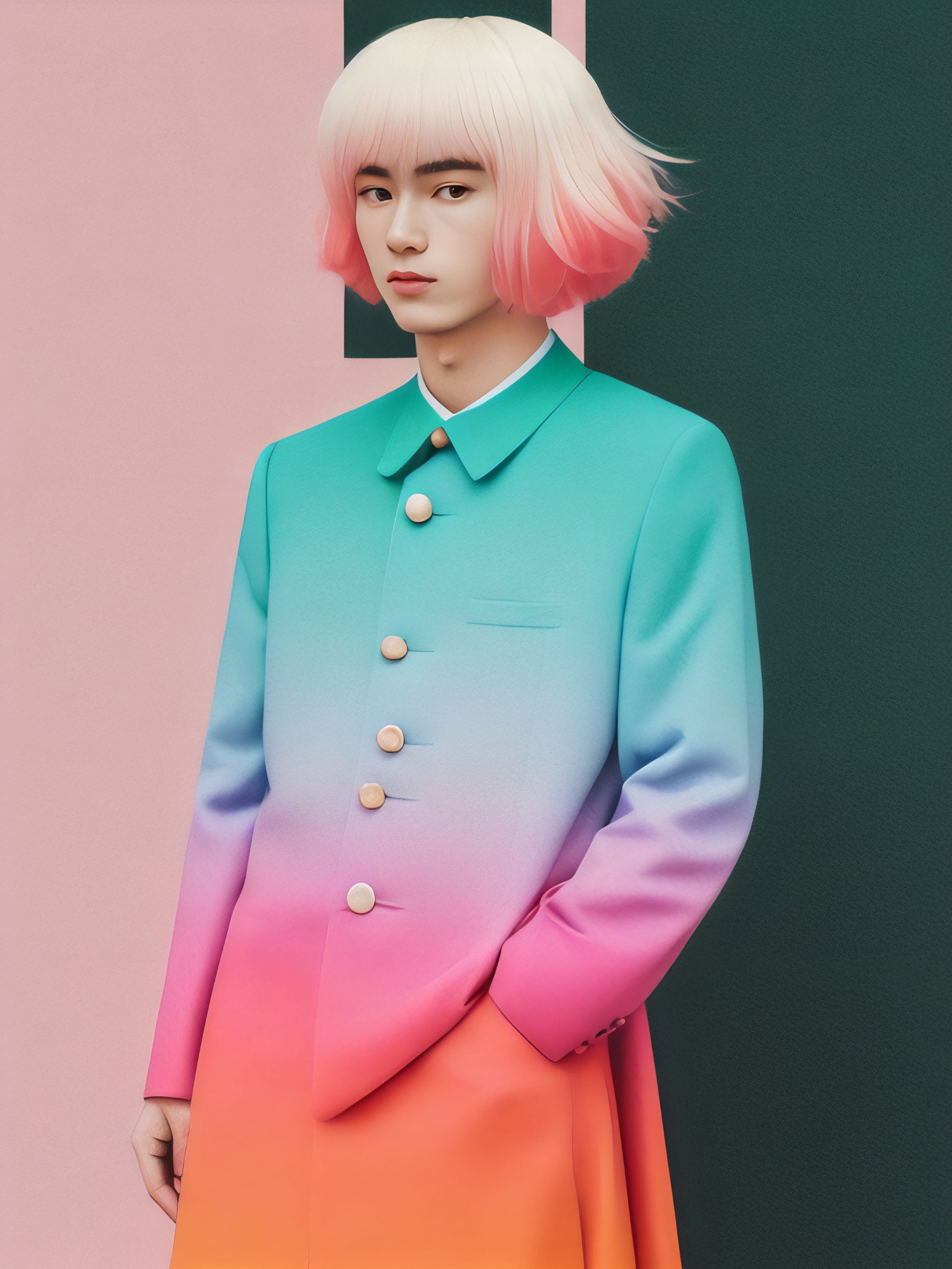 Person with pink and blonde bob haircut wearing a gradient coat.