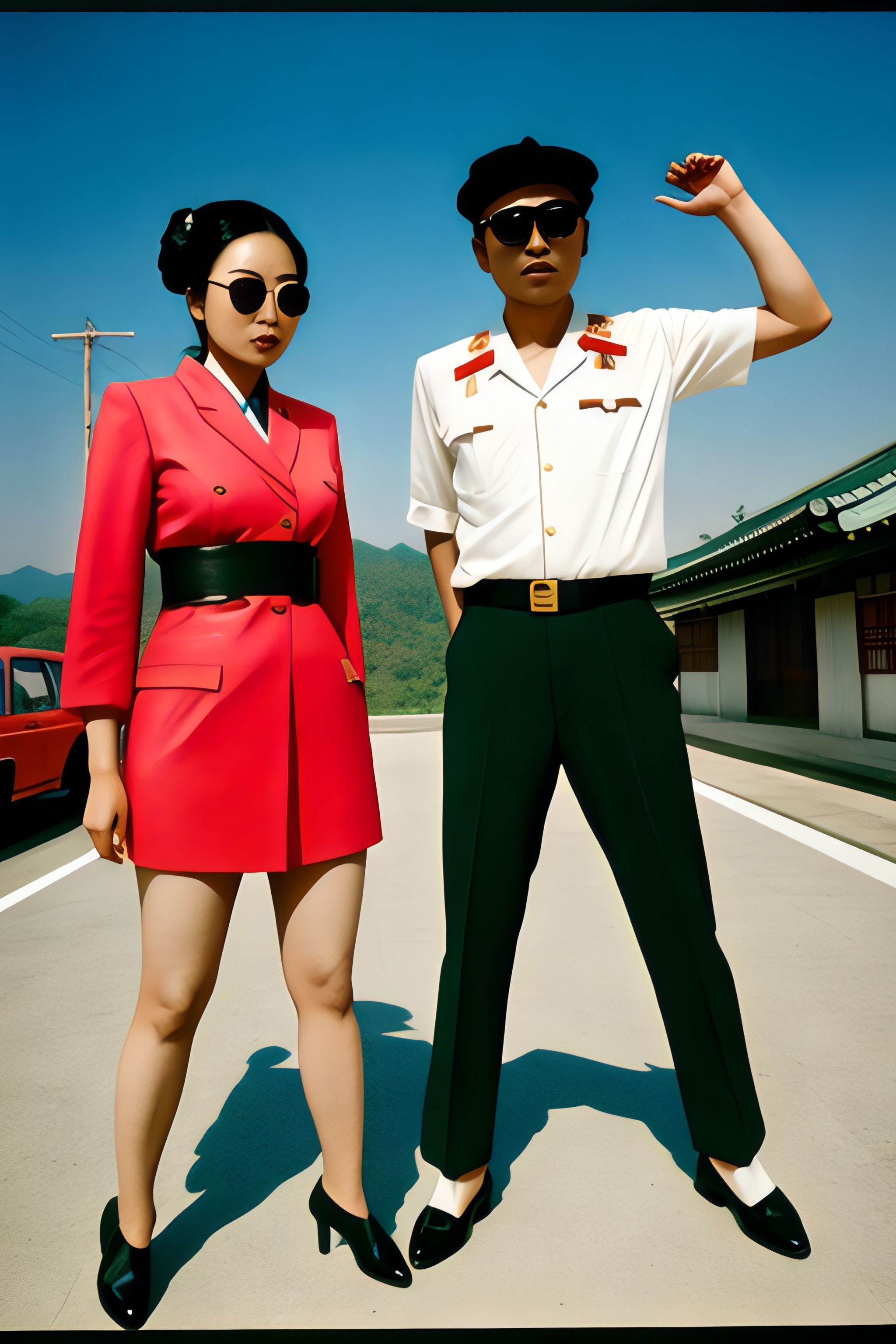 Stylish young North Korean couple posing outdoors.