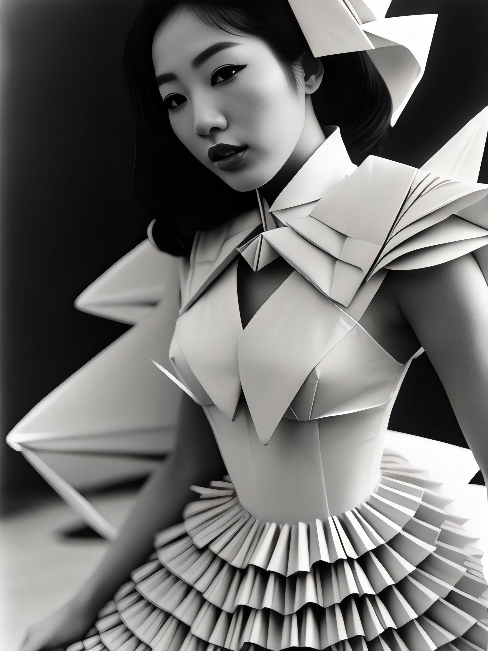 Black and white portrait of a woman in an origami-style dress.