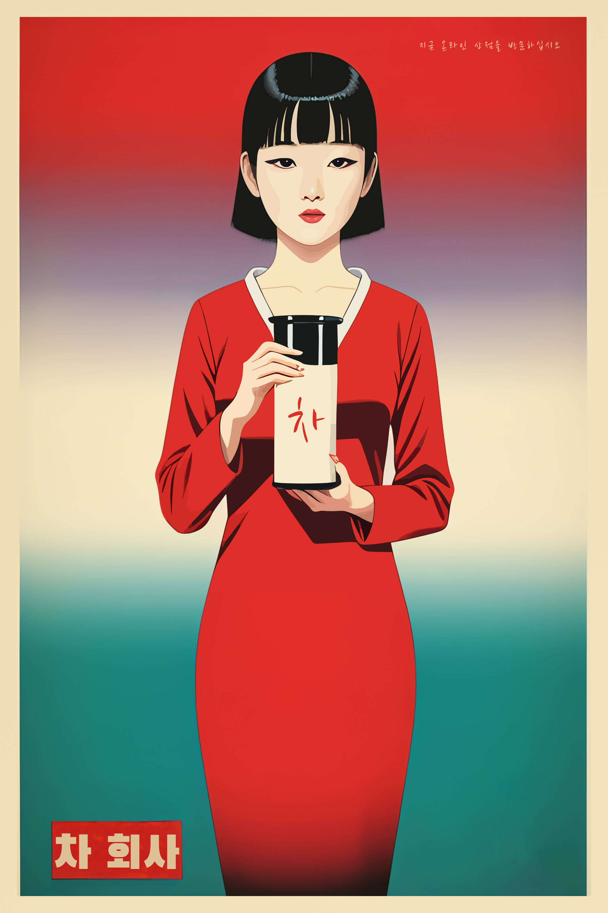 Woman in red dress holding a black and white box.