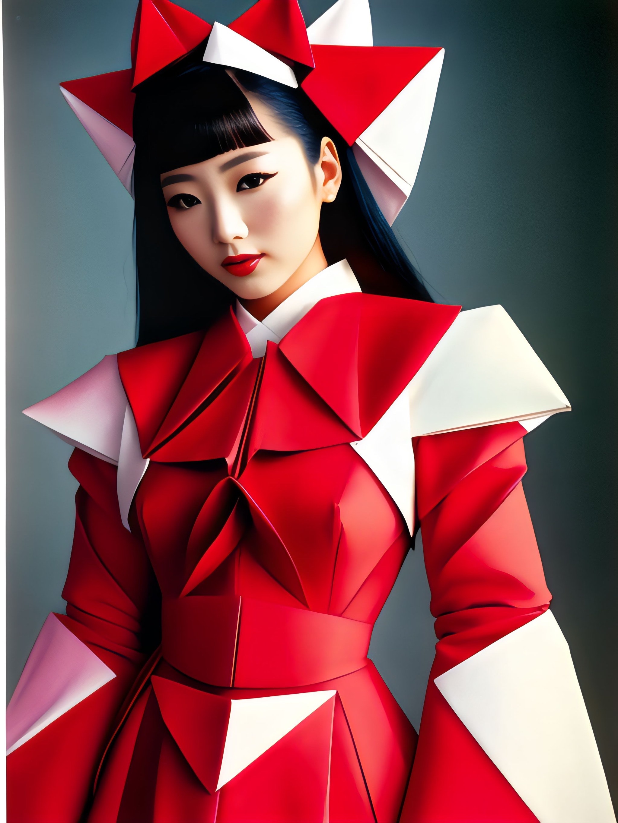 Woman in red and white origami-style dress.