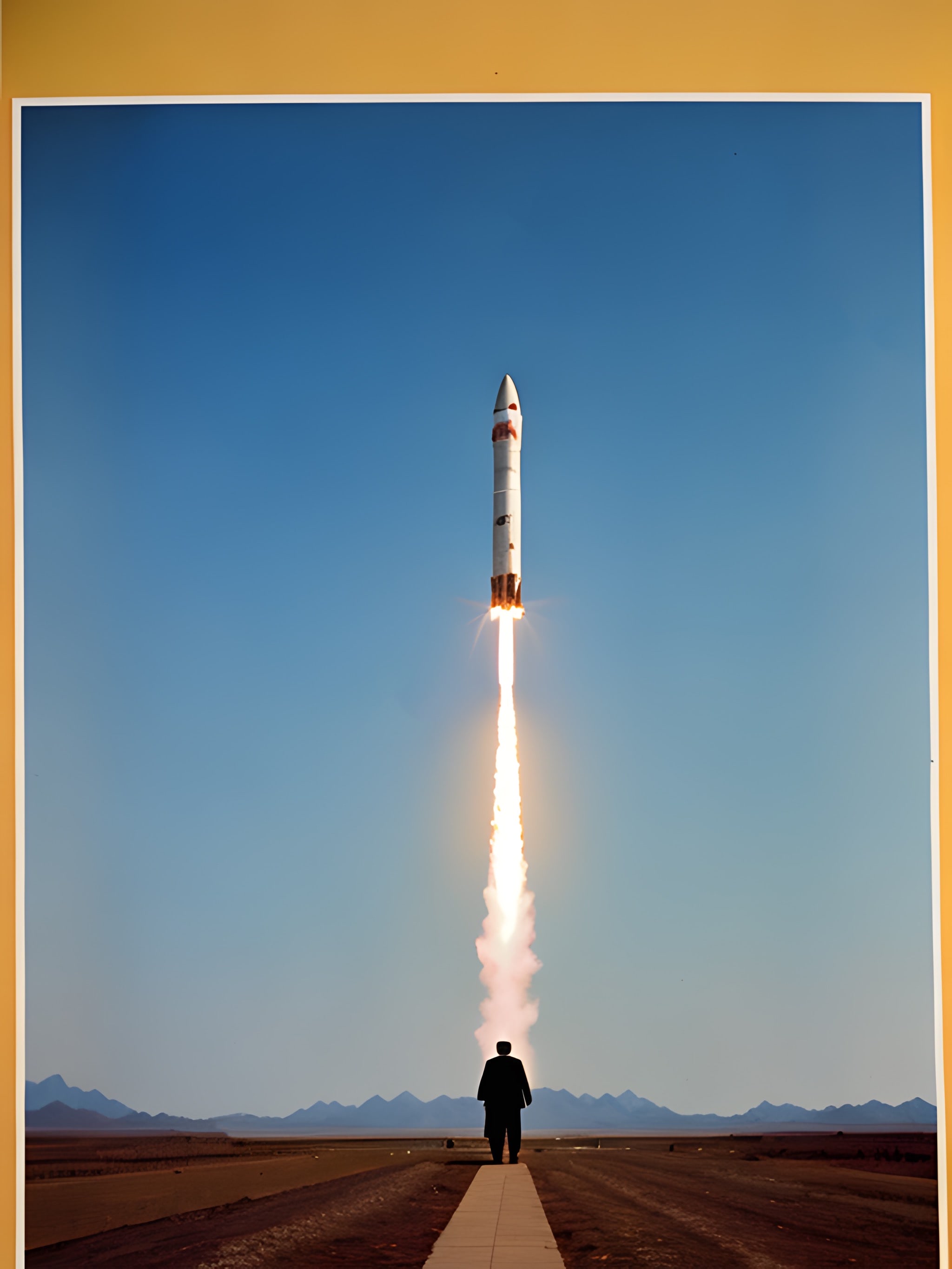 Rocket launching into a clear sky, a person watches from a distance.