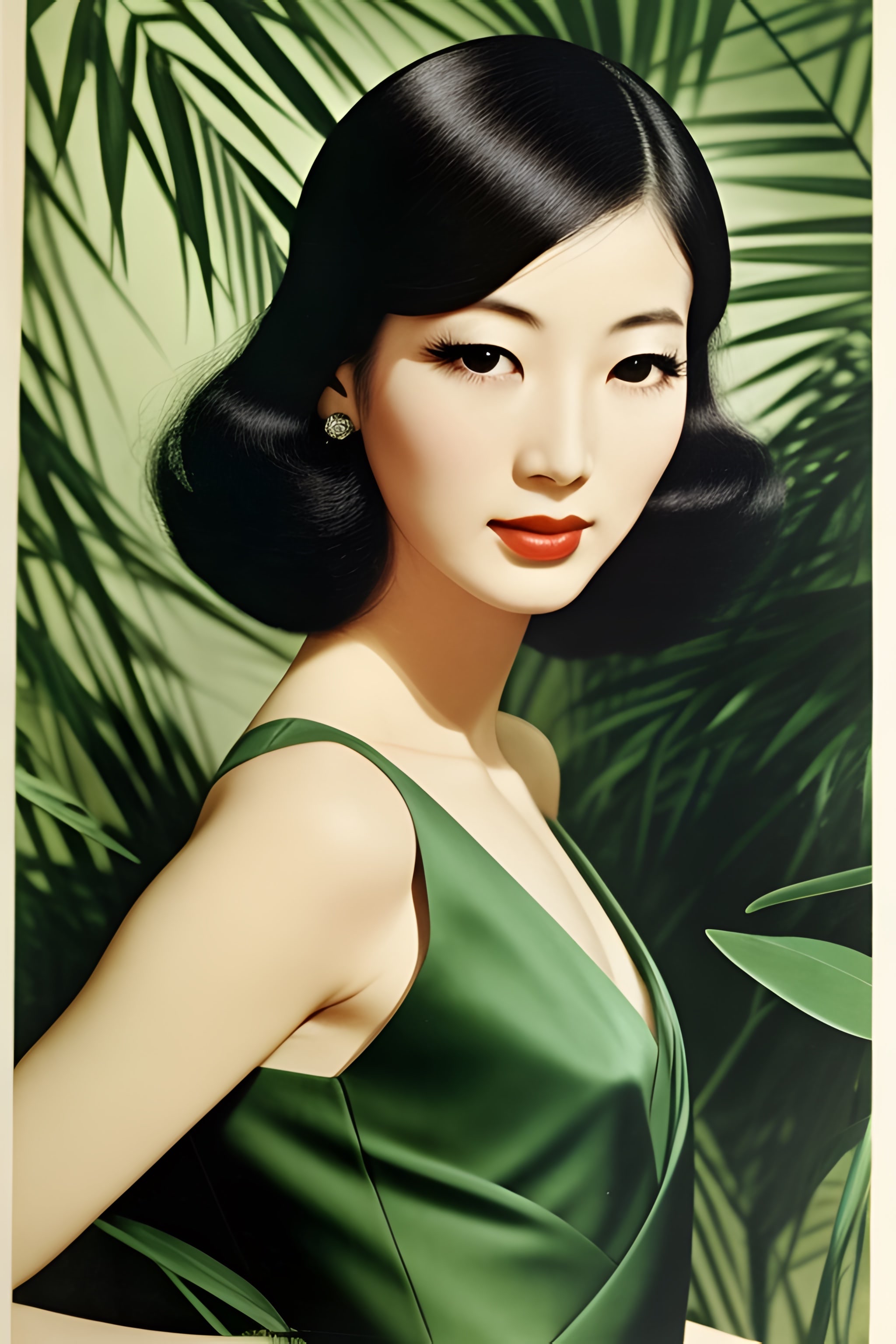 Portrait of a woman with dark hair in a green dress.