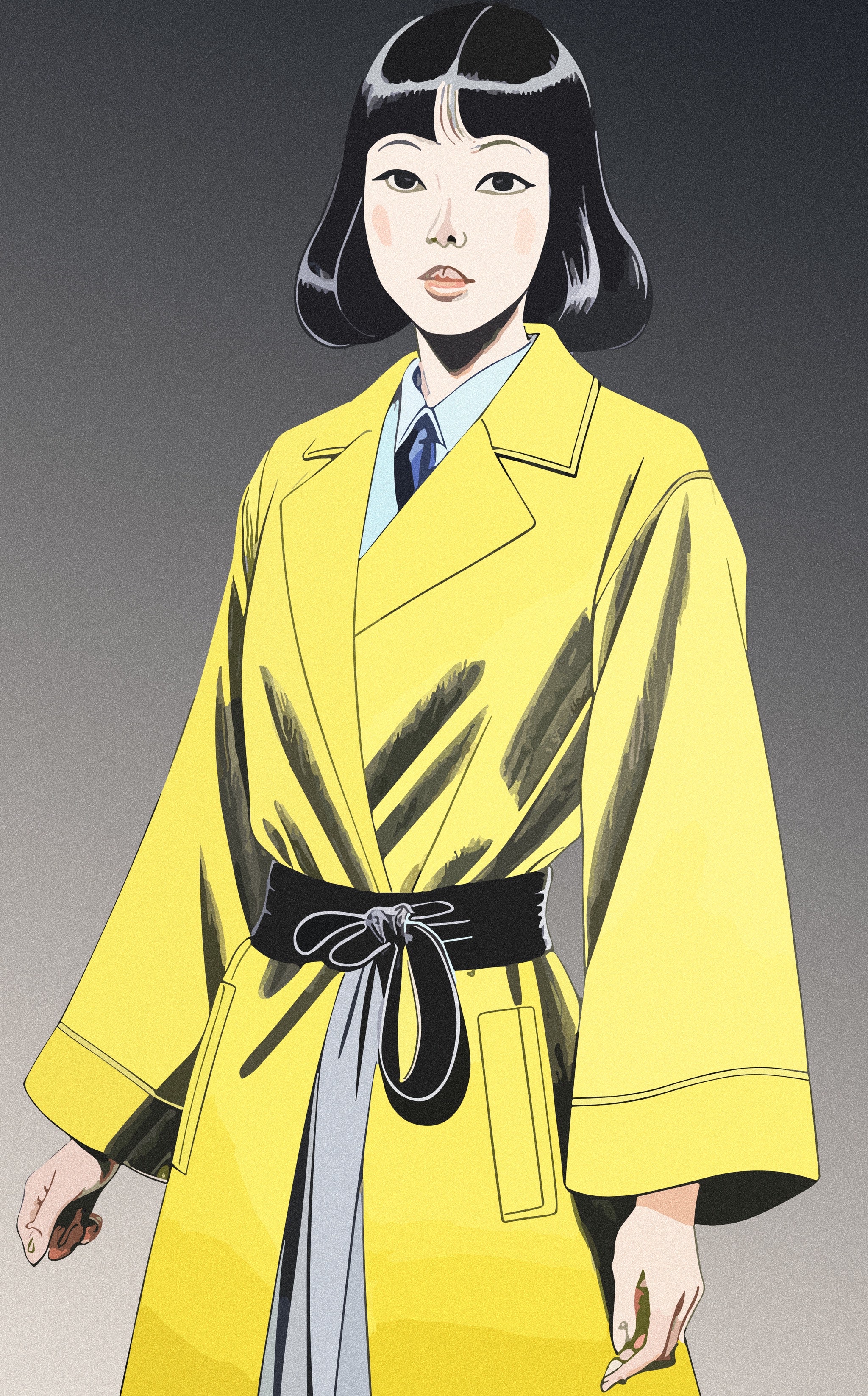 Illustration of a woman in a yellow coat.