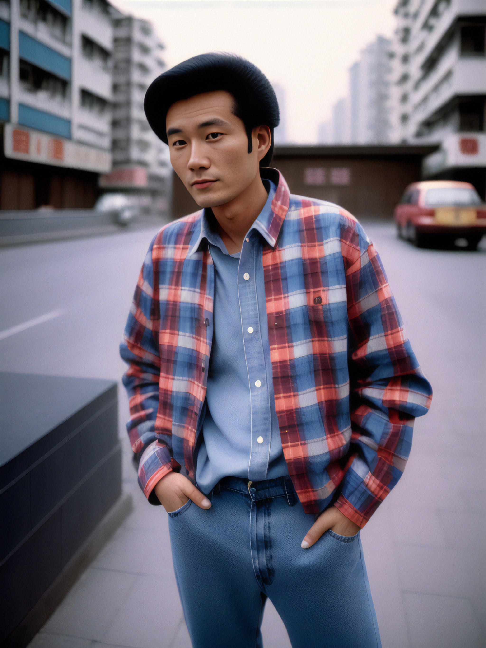 Portrait of a young man in Beijing, wearing a black beret, red and blue plaid shirt, and light blue jeans.