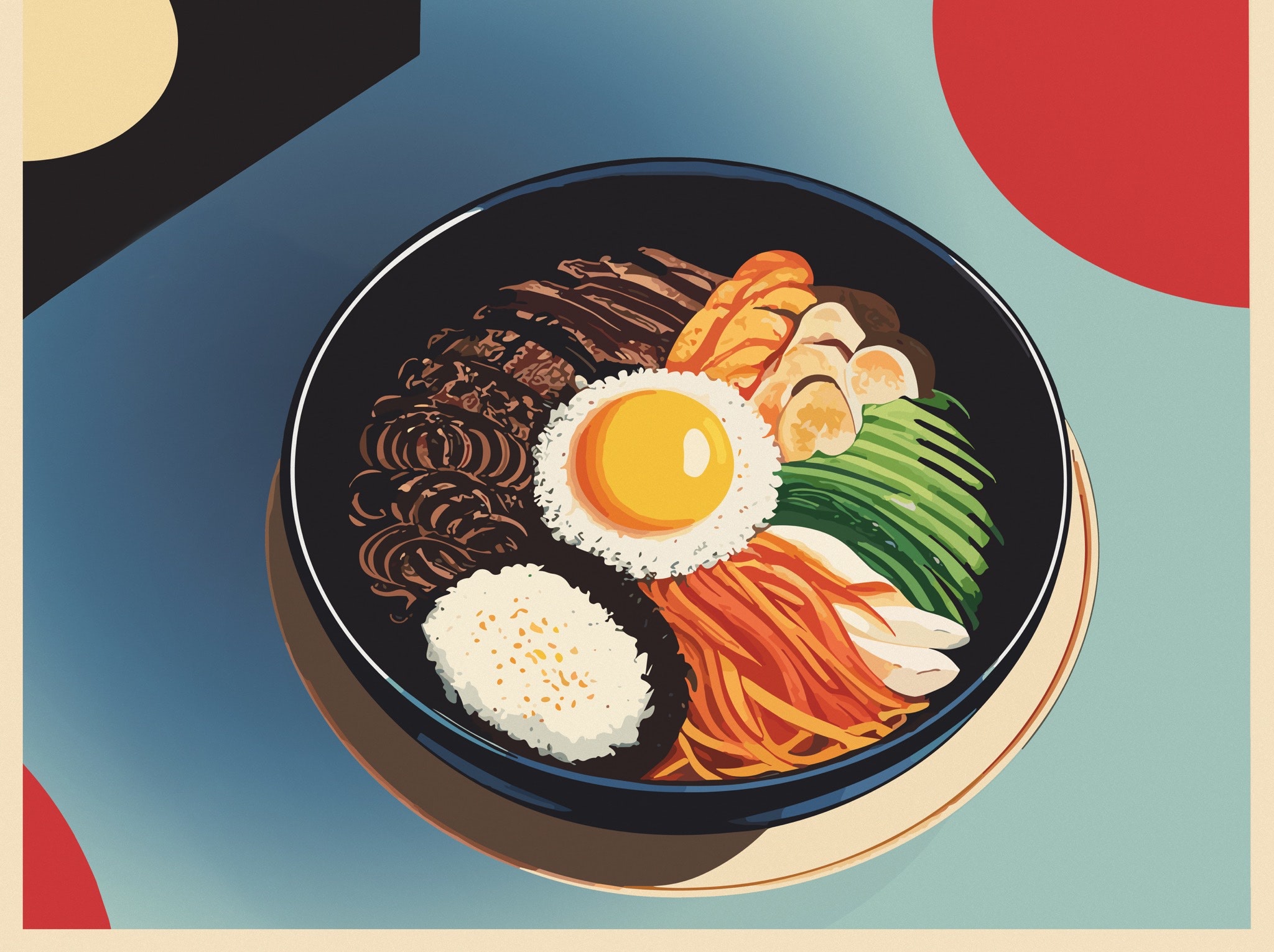 Anime-style illustration of bibimbap in a bowl.