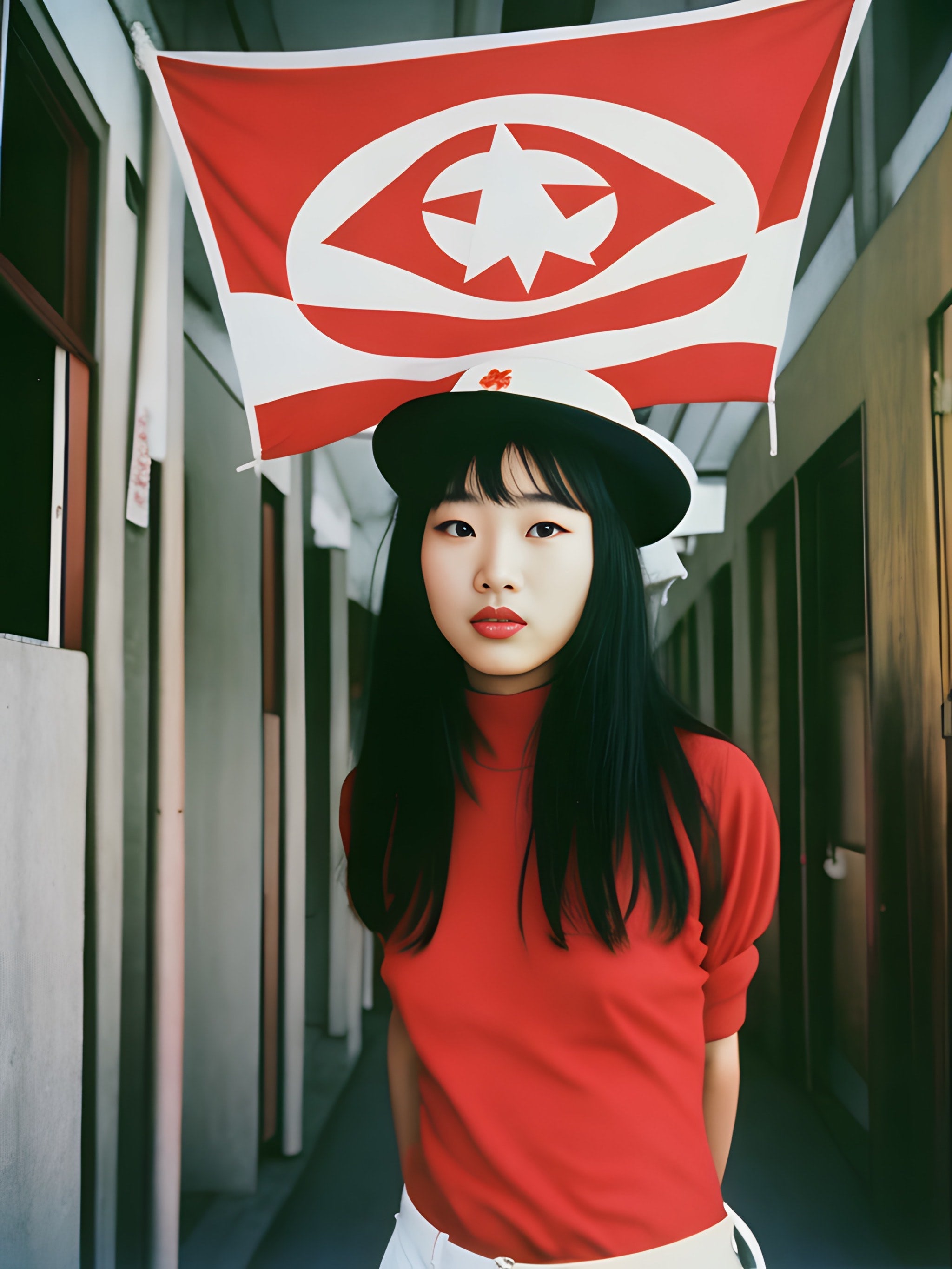 Young woman with black hair wearing a red shirt and white pants, holding a red and white flag above her head.