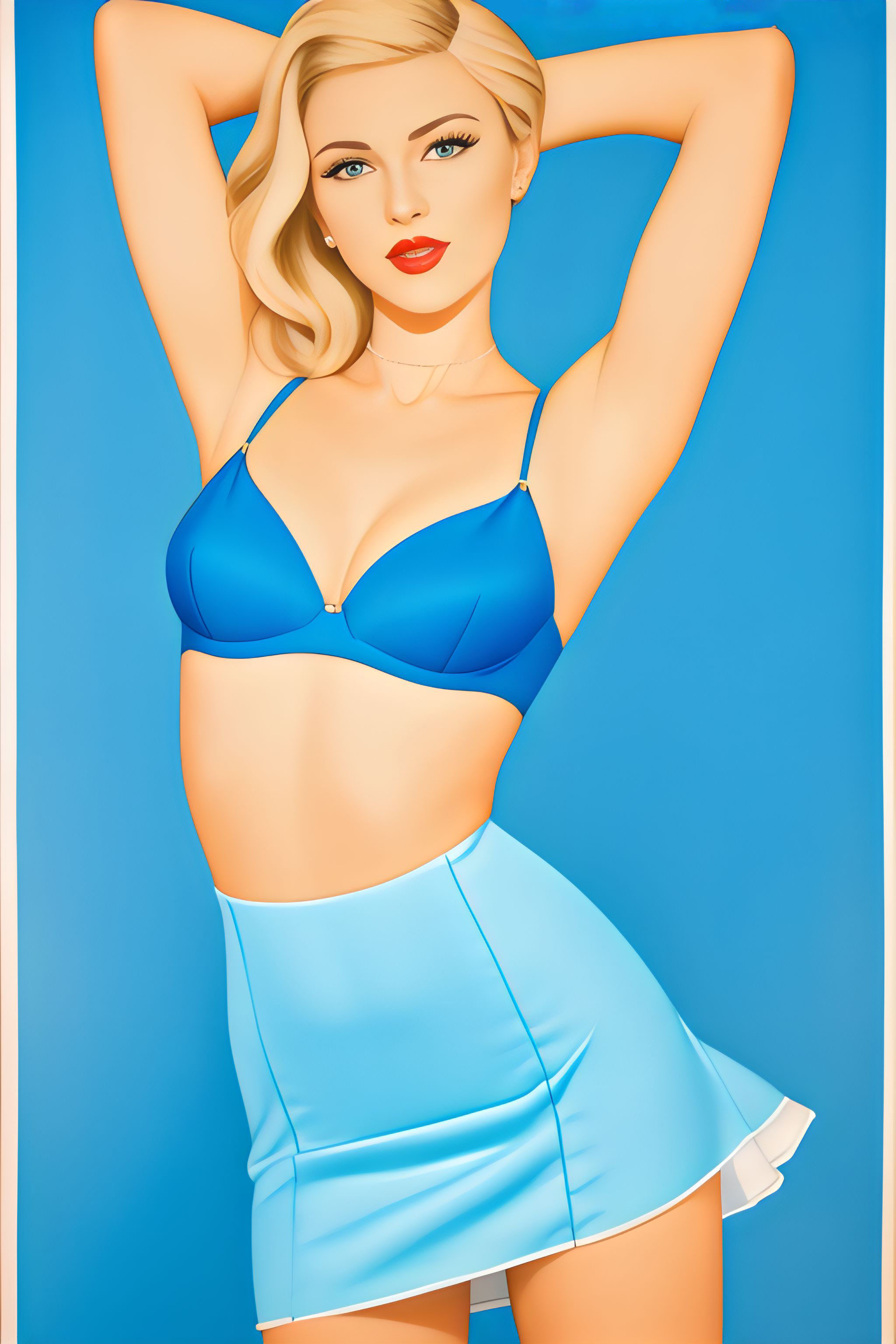 Painting of a blonde woman in a blue bra and skirt against a blue background.