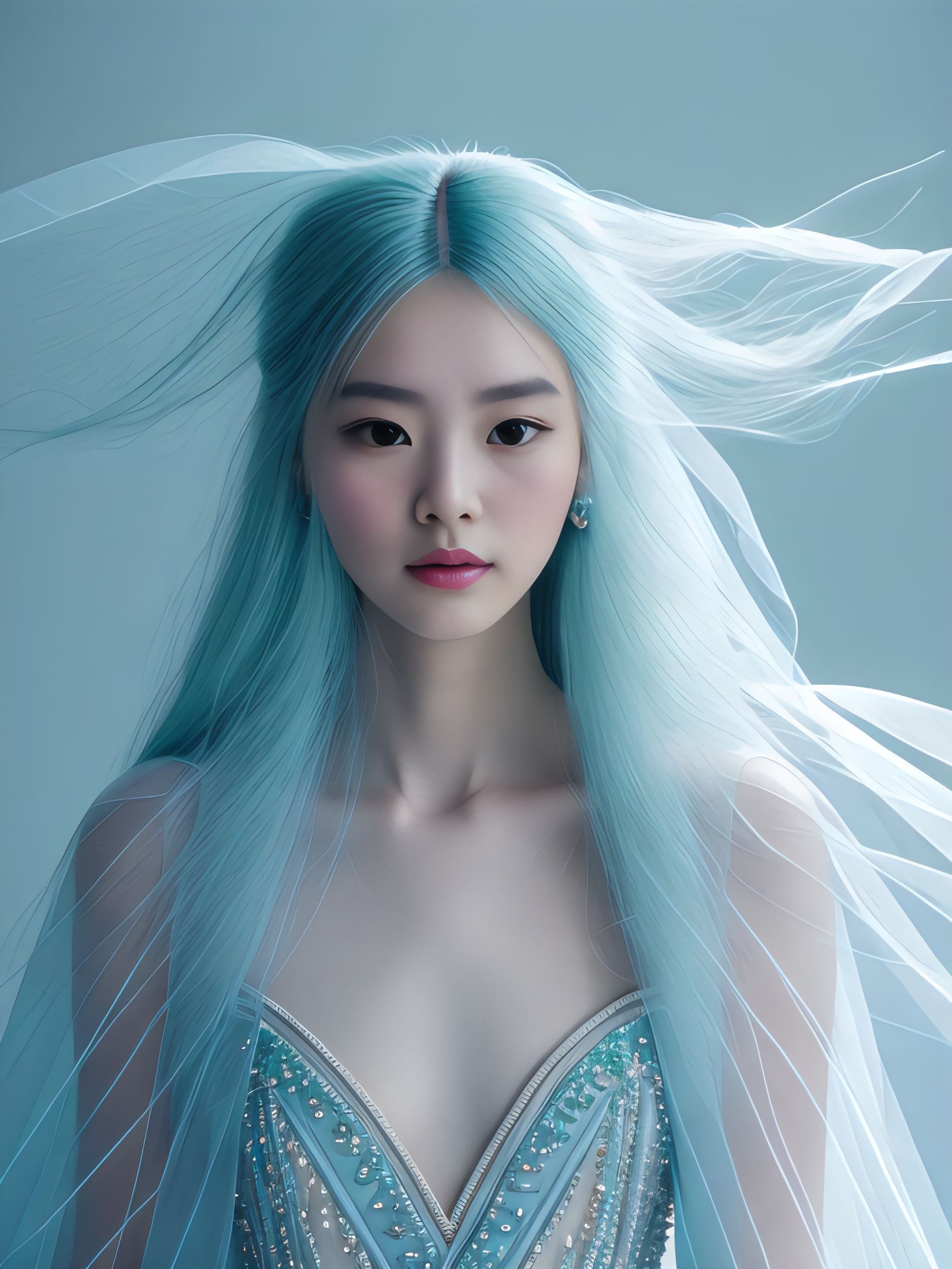 Portrait of a young woman with long, flowing light blue hair and a light blue dress.