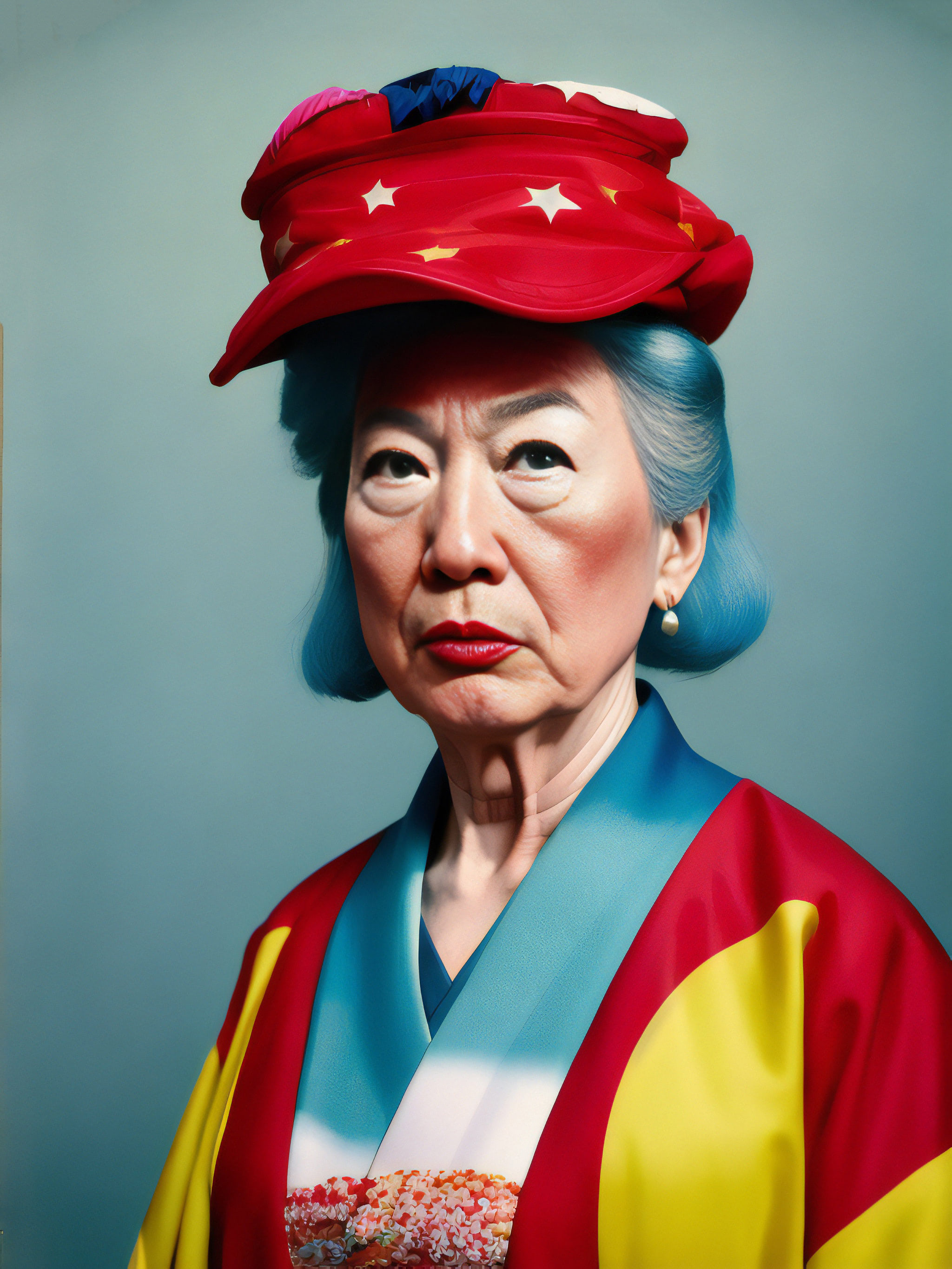 Portrait of a woman with blue hair wearing a red hat with white stars and a colorful kimono.