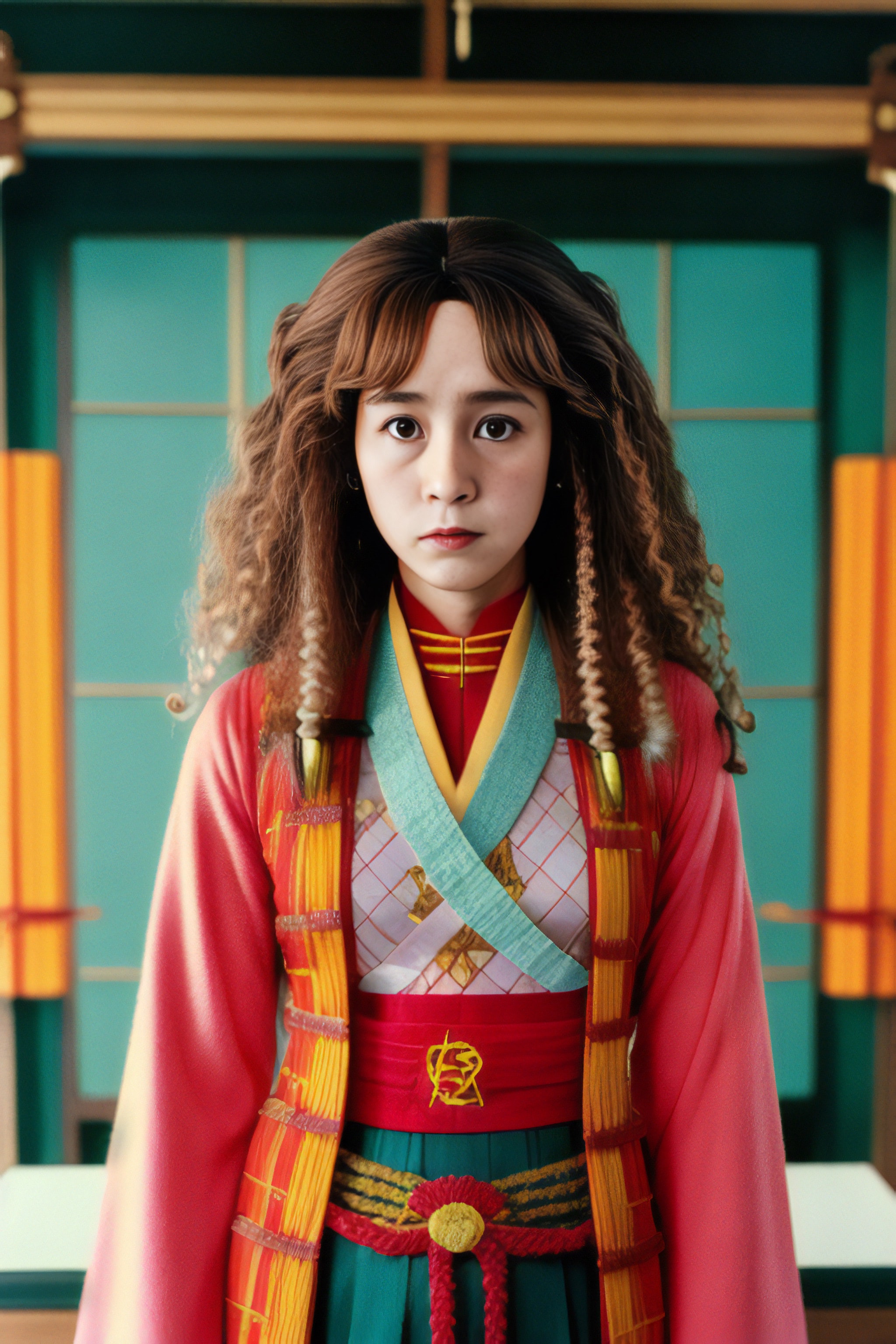 Woman in a vibrant red and teal kimono-style dress.