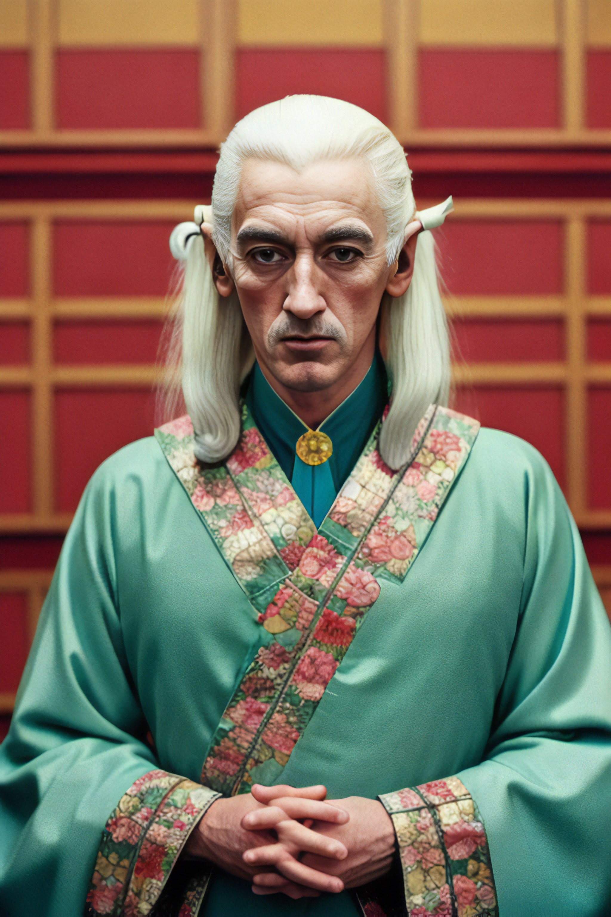 Man with long white hair in teal robe with floral accents.