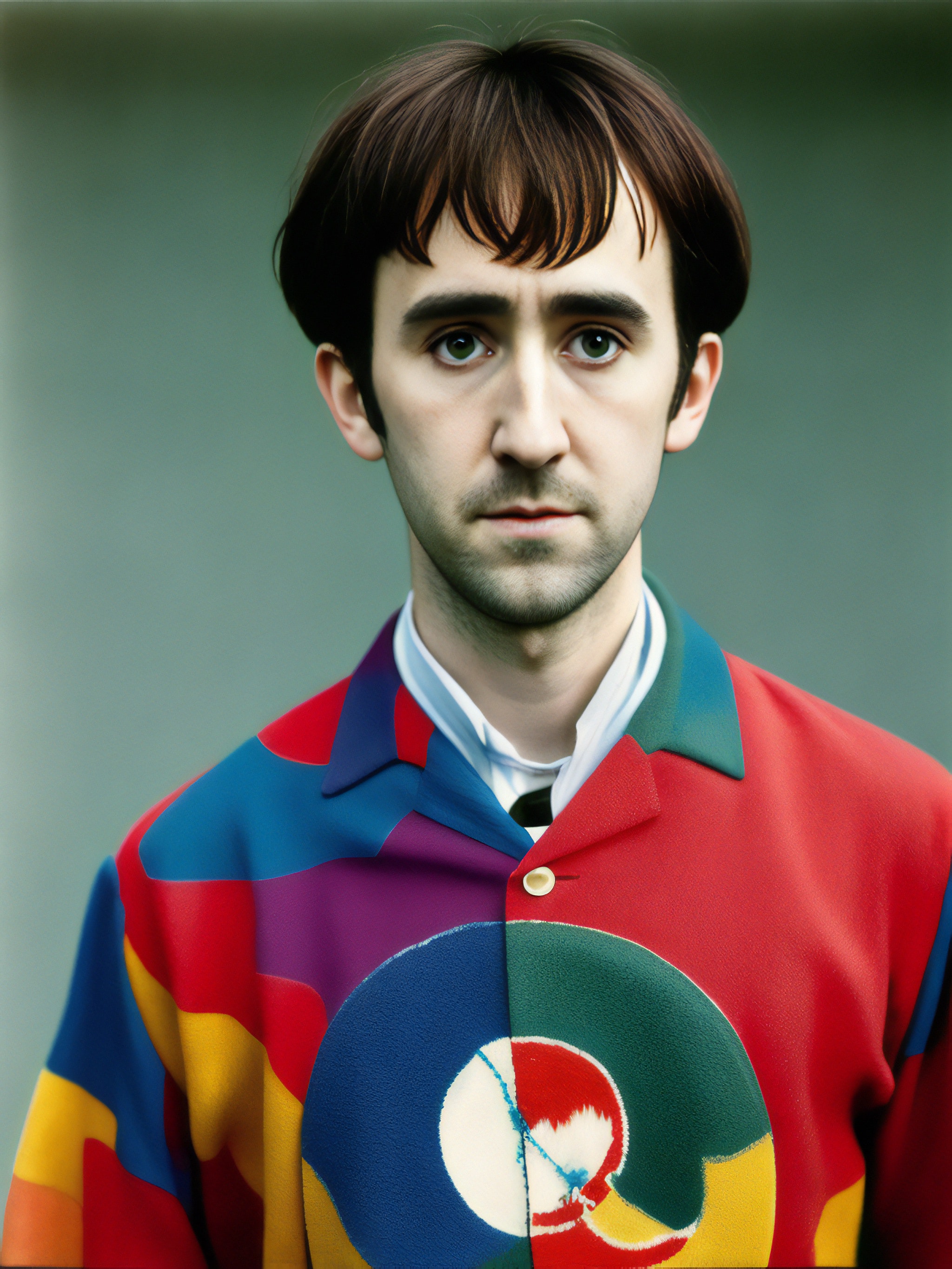 Portrait of a man with brown hair wearing a colorful, patterned jacket.