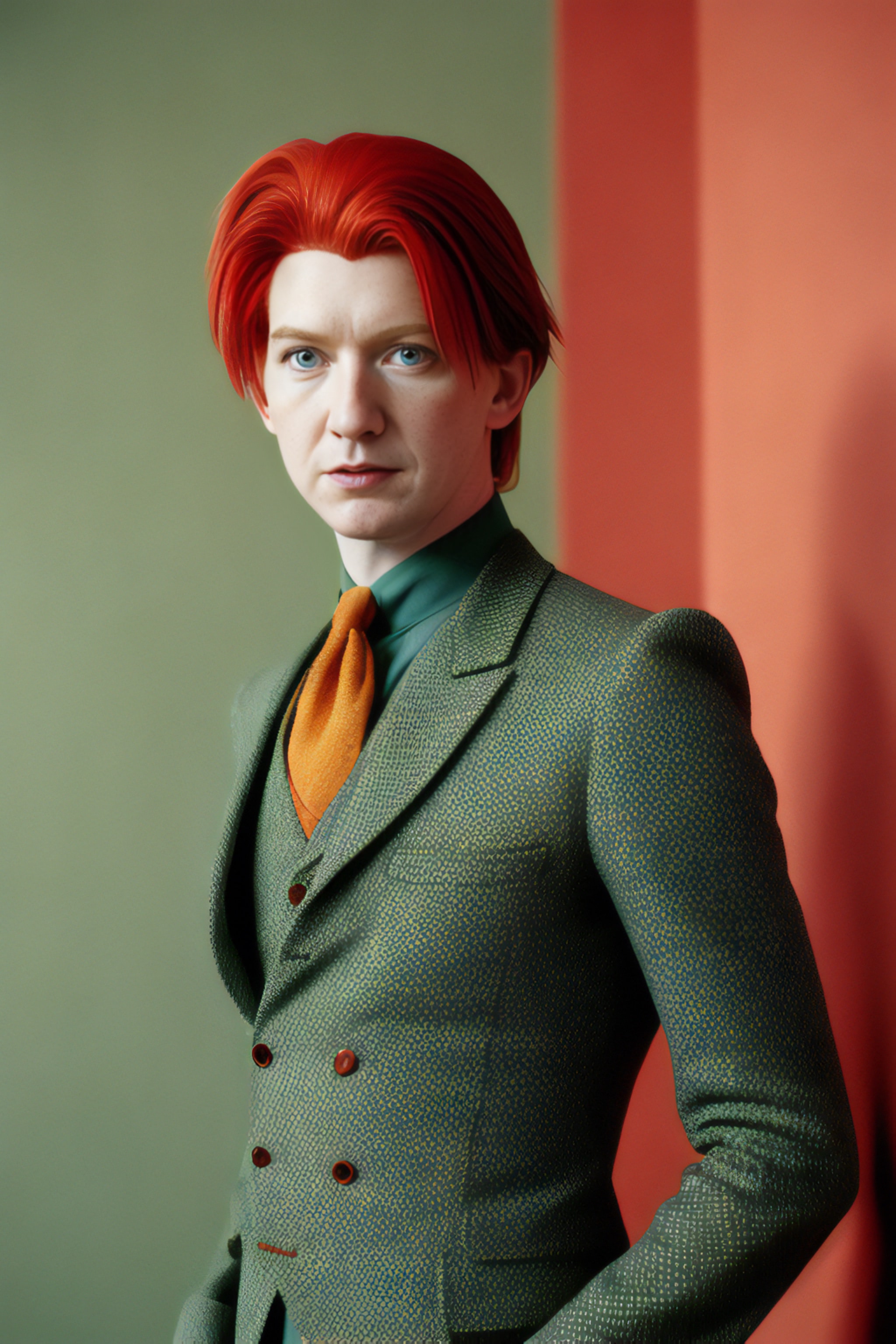 Portrait of a man with bright red hair wearing a textured green suit and orange tie.
