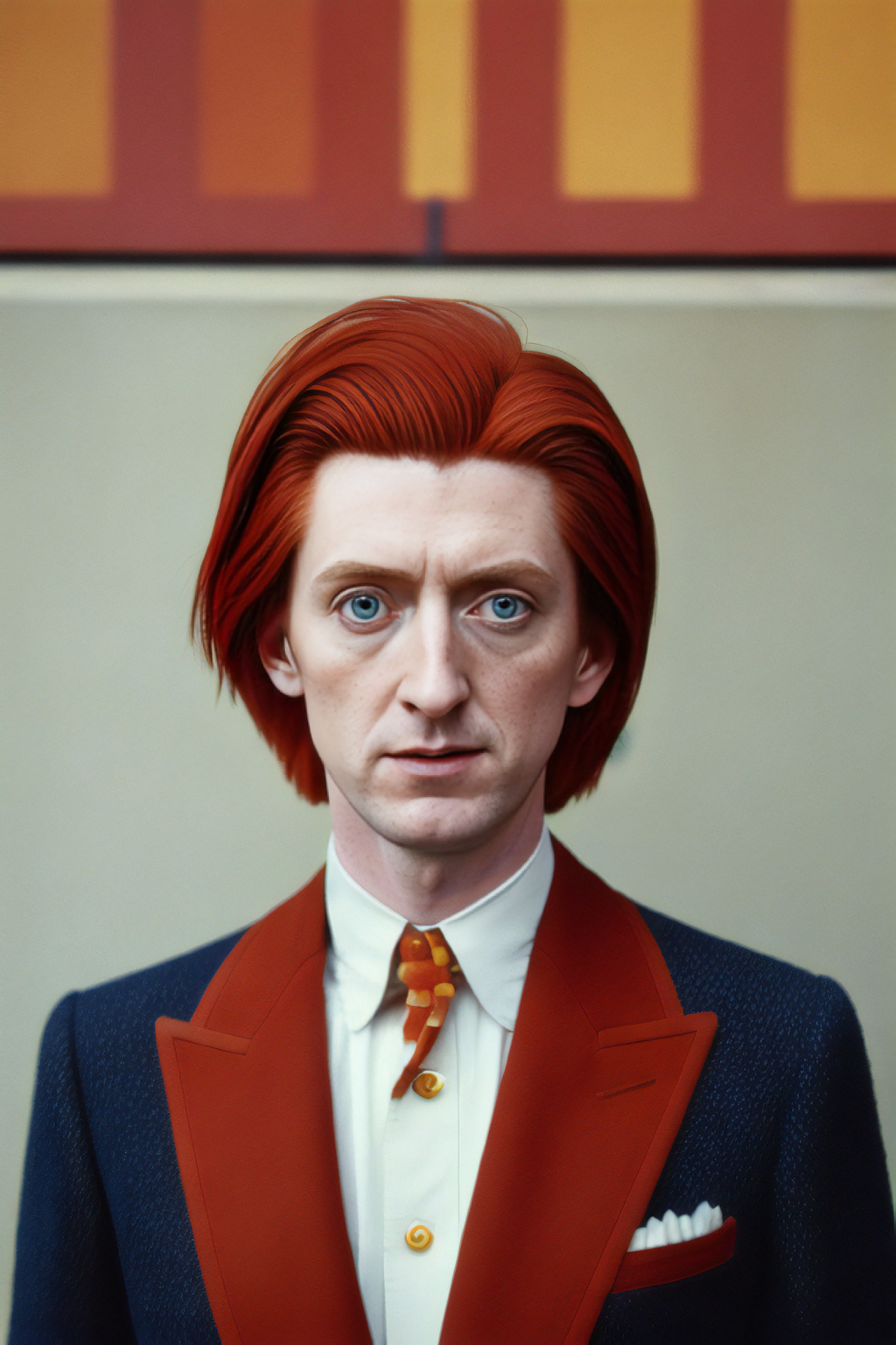 Portrait of a man with bright red hair wearing a dark blue suit with red lapels and a patterned tie.