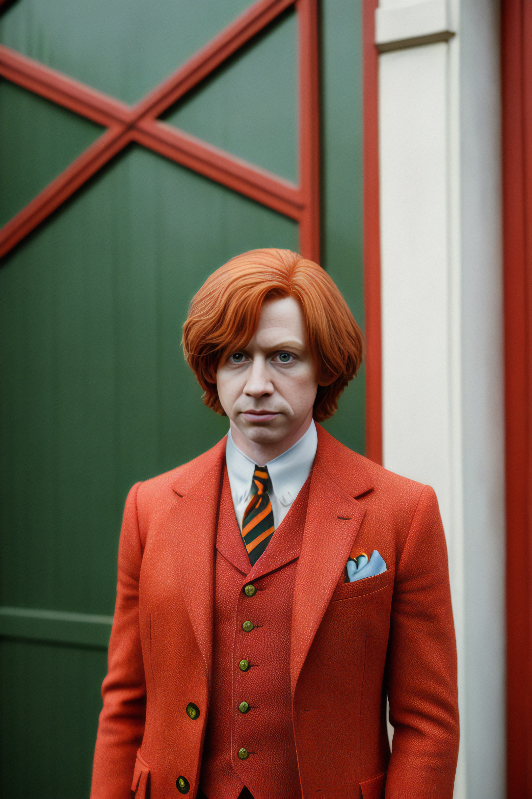 Man with ginger hair in orange suit and tie.