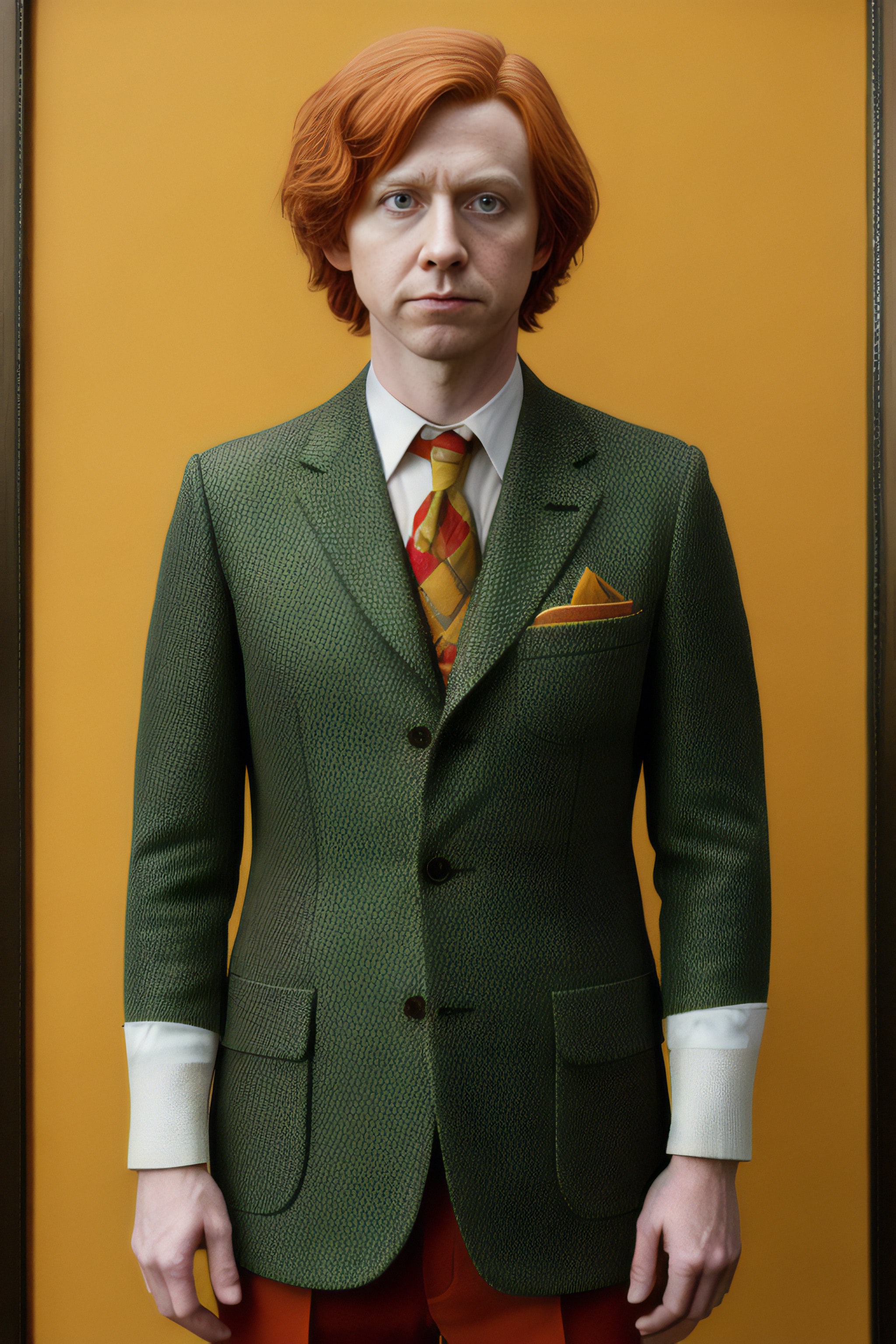 Man with red hair wearing a green textured suit and orange pants.