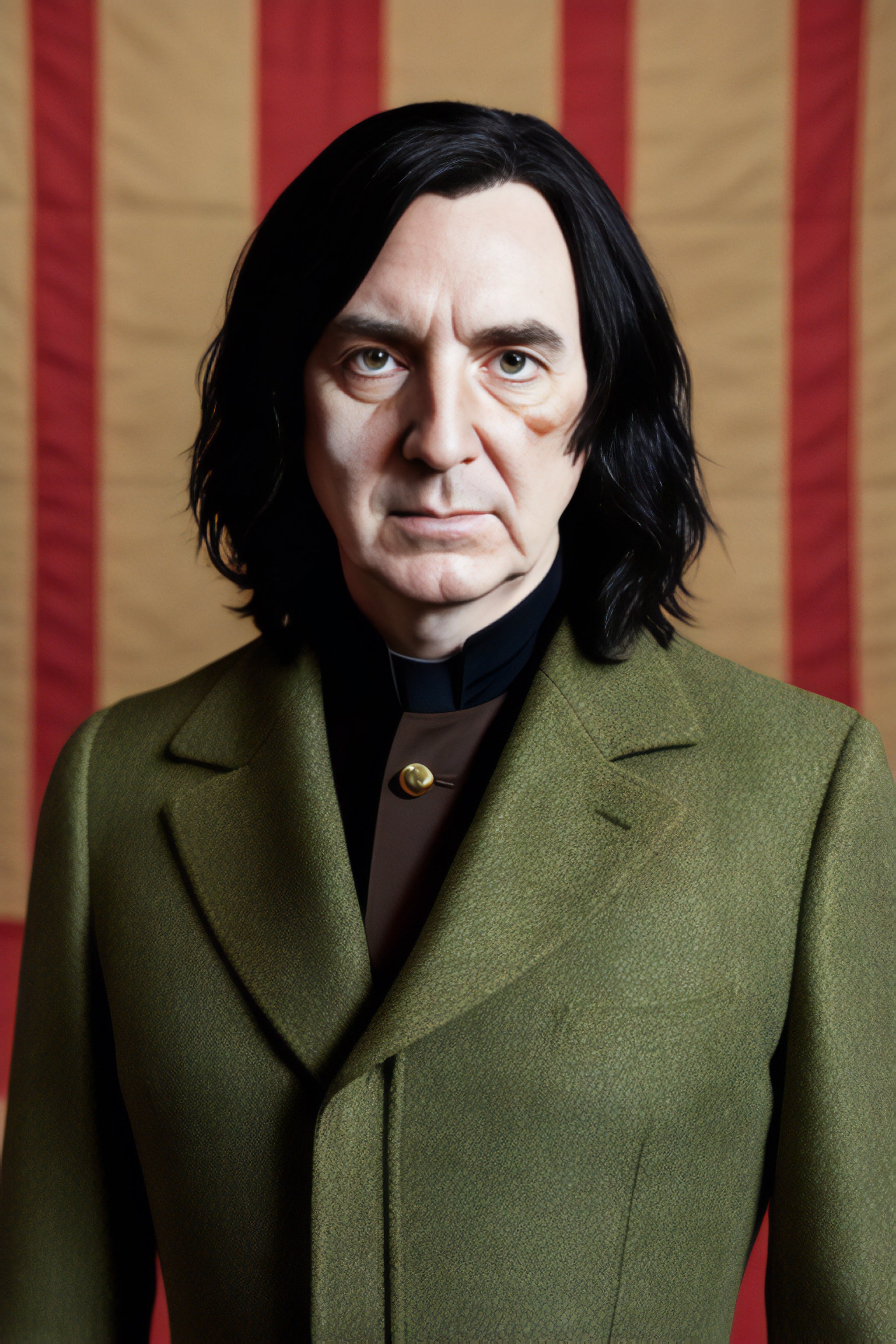 Portrait of a man with dark hair wearing a green coat against a striped background.