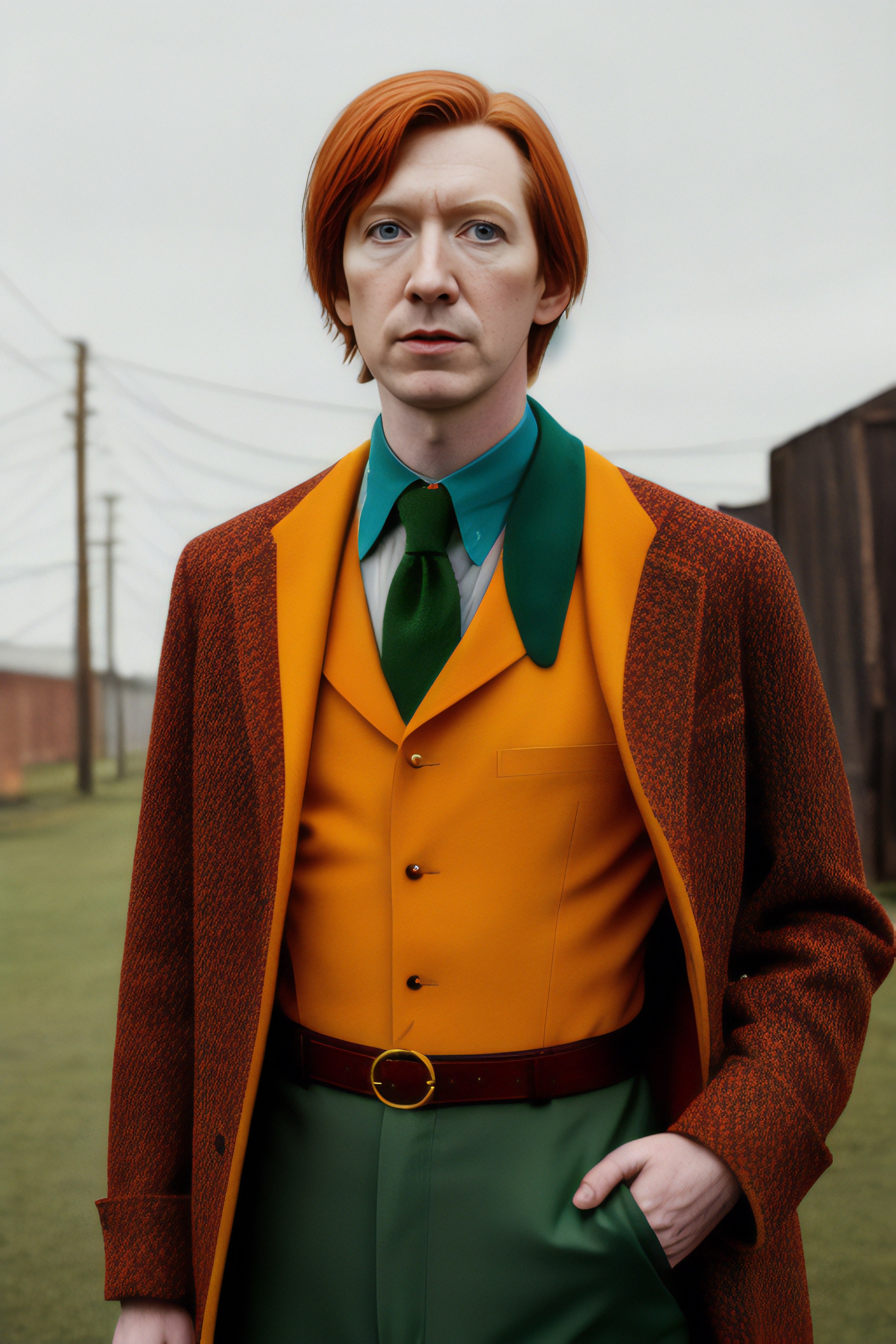 Red-haired man in a vibrant orange vest, green pants, and brown coat.