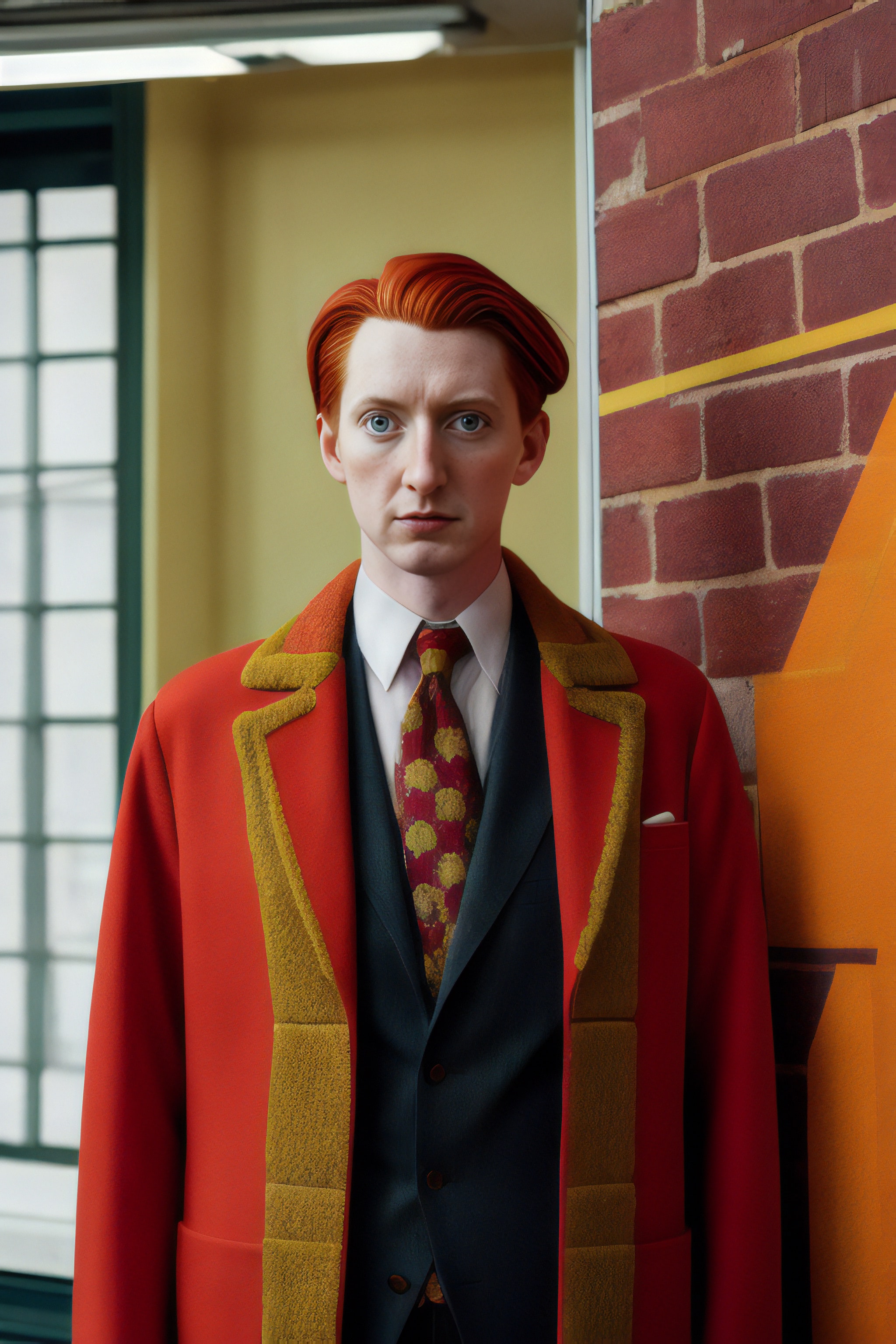 Portrait of a man with red hair wearing a red coat and dark suit.