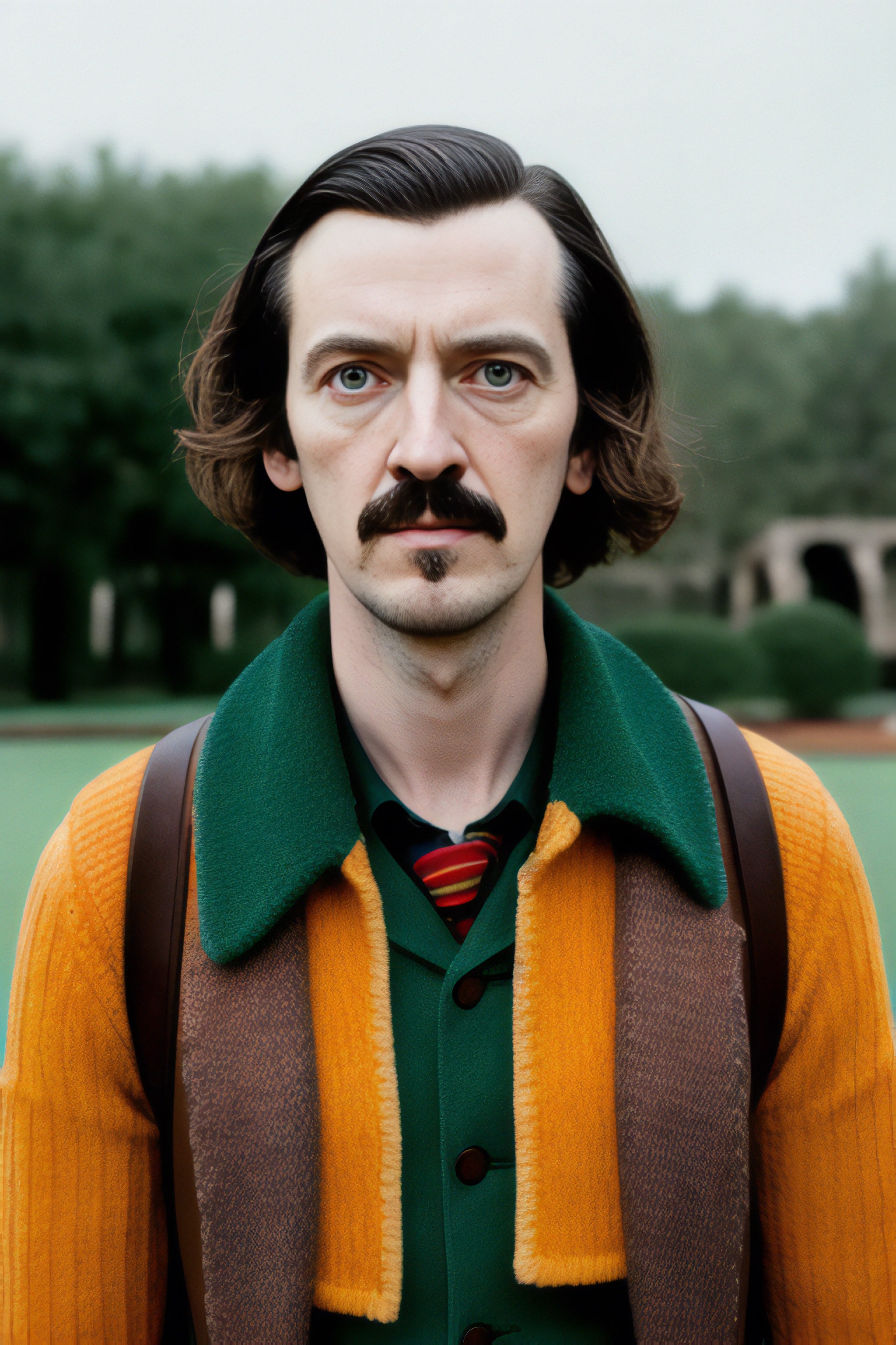 Portrait of a man with dark hair and a mustache, wearing an orange and green jacket.