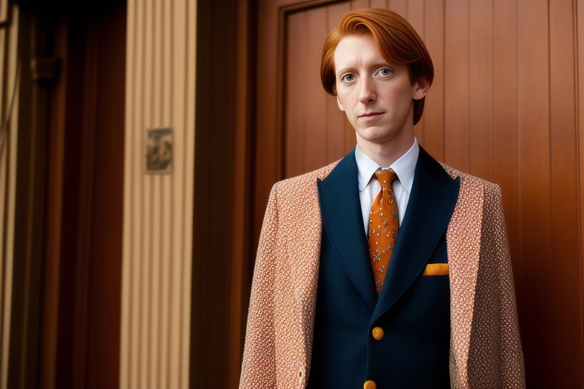 Red-haired man in a textured peach jacket and dark blue suit.