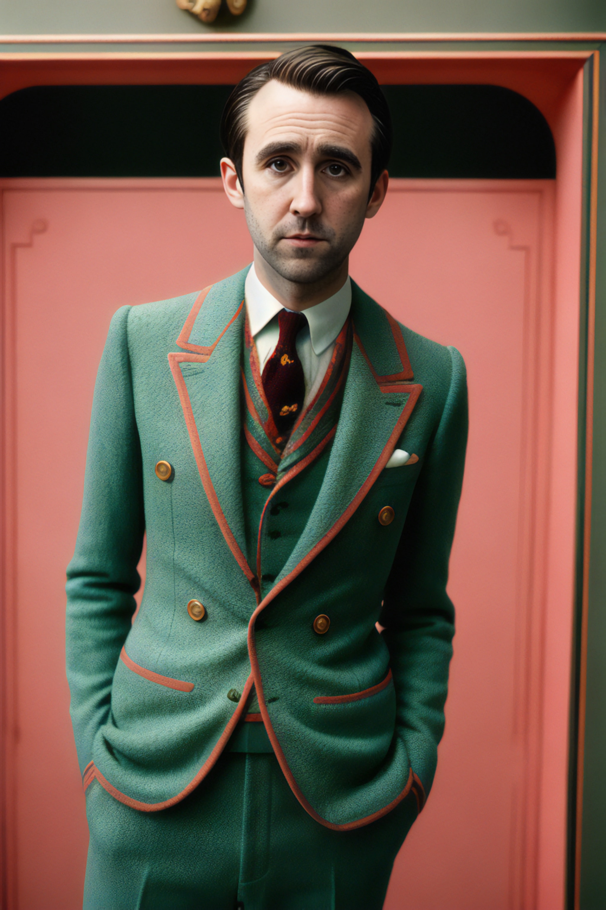 Man in teal suit with orange trim, standing in doorway.
