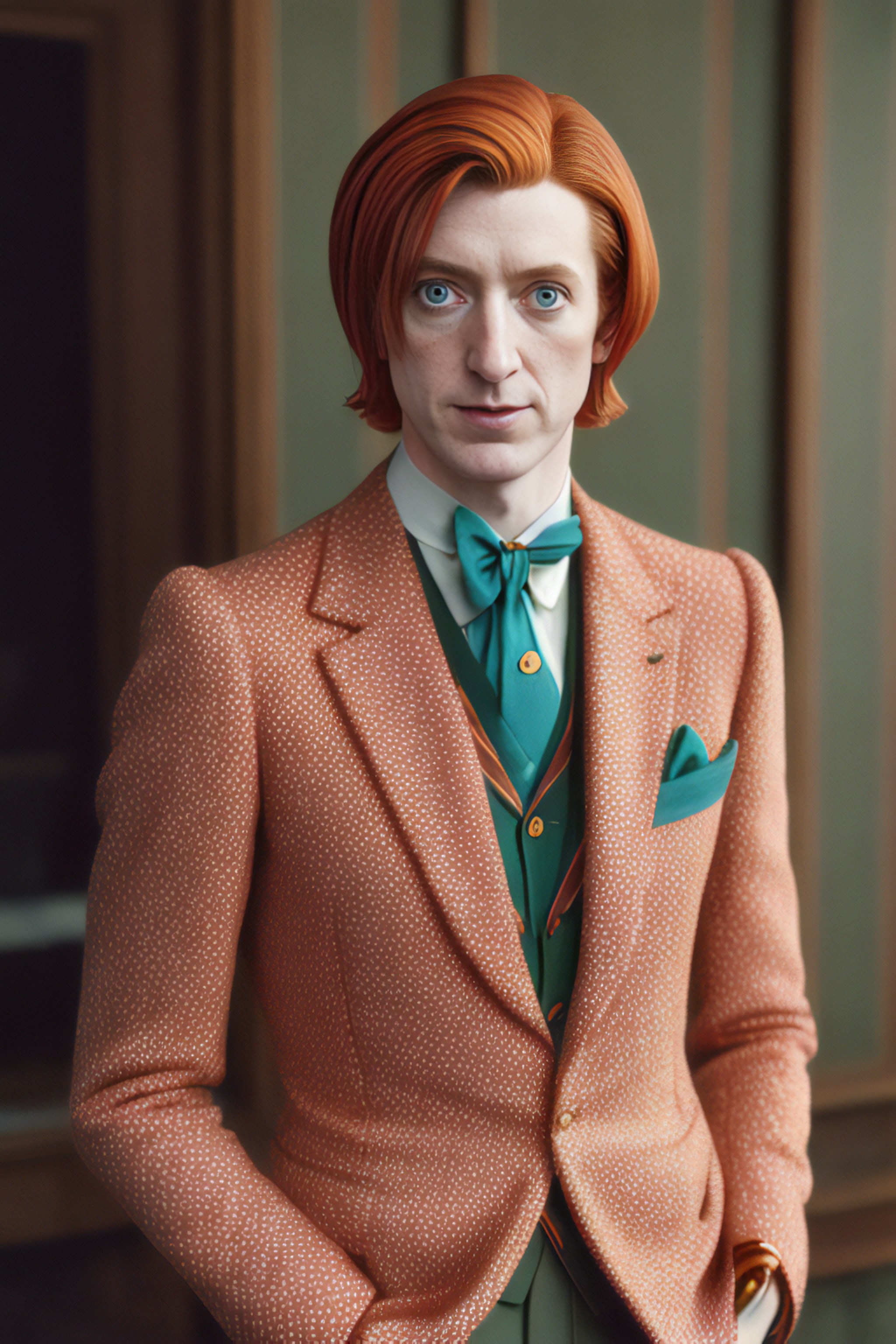 Portrait of a man with red hair wearing a patterned peach suit and teal bow tie.