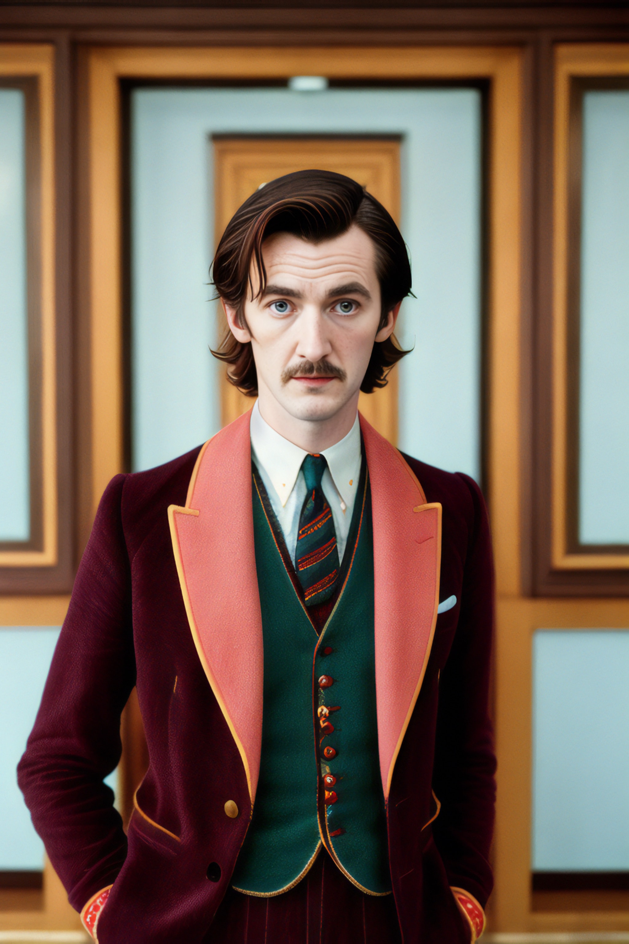 Portrait of a man in a burgundy velvet suit with a teal waistcoat and pink lapels.