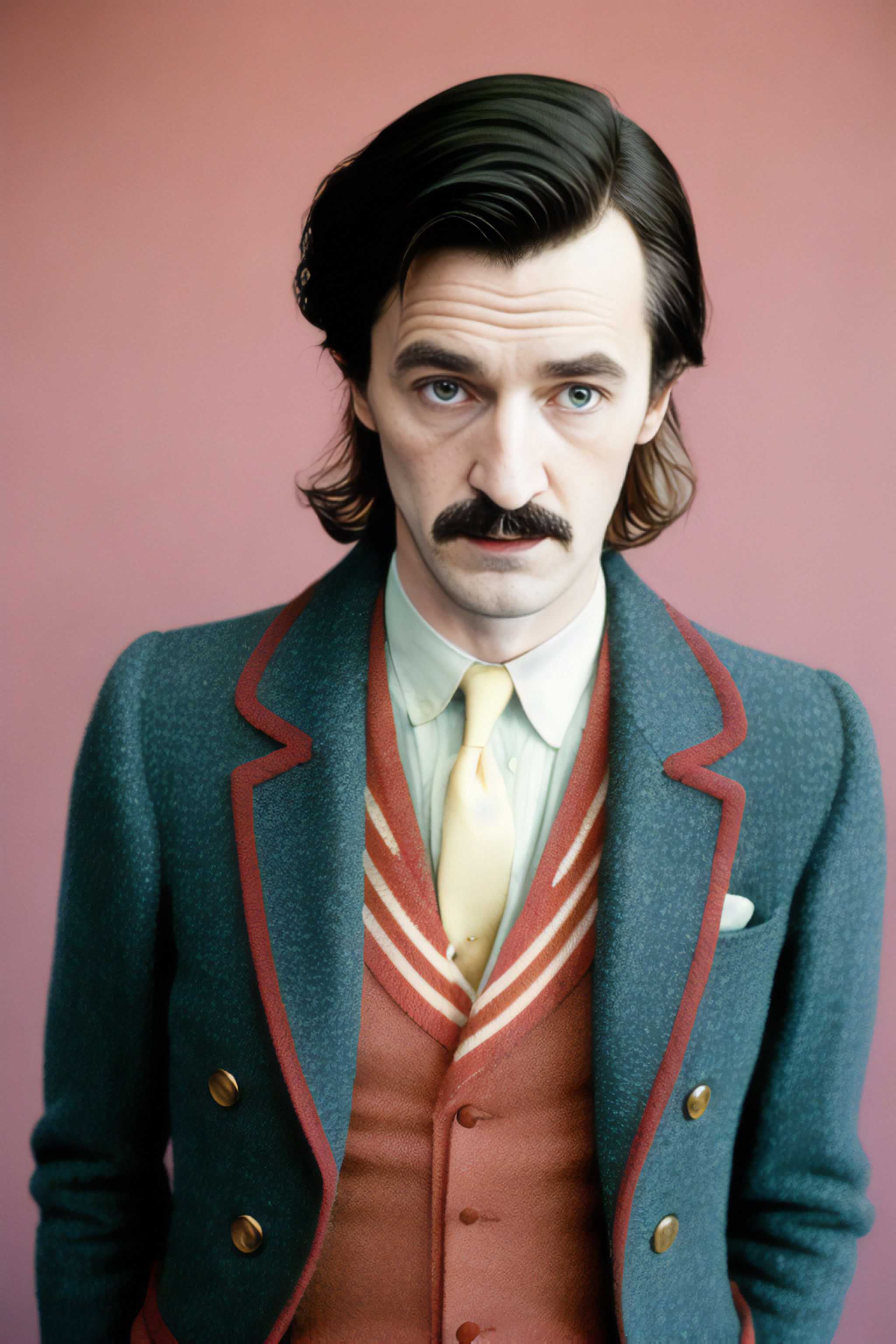Portrait of a man with dark hair and a mustache, wearing a teal blazer with red trim, a rust-colored vest, and a pale yellow tie.
