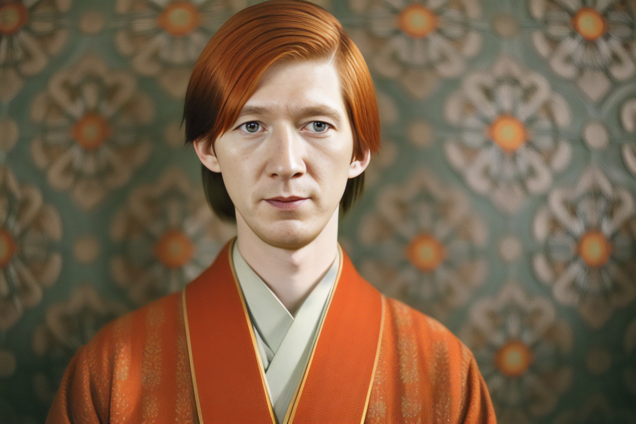 Portrait of a young man with red hair wearing a red and beige kimono.