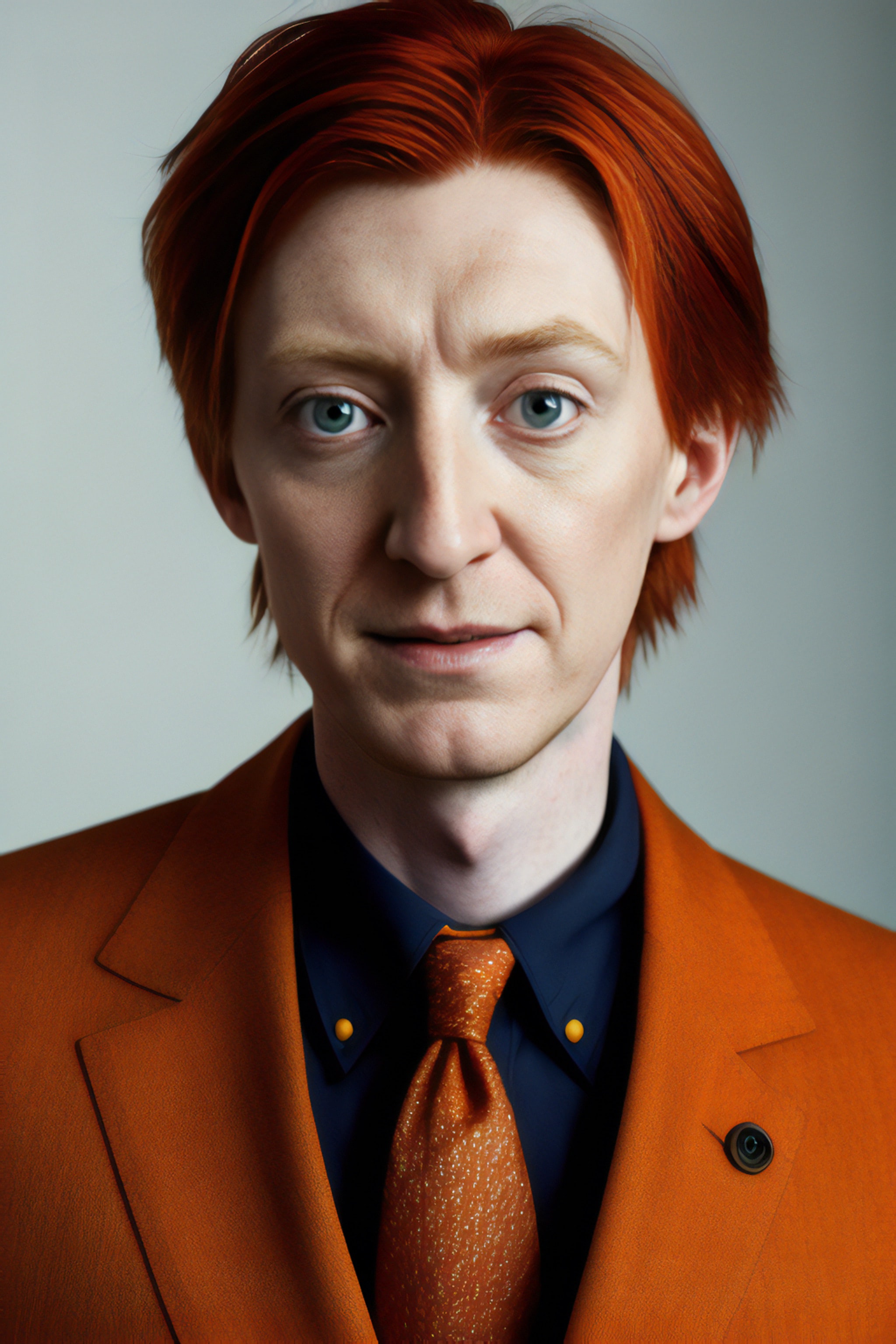 Portrait of a redhead man in an orange suit and orange tie.