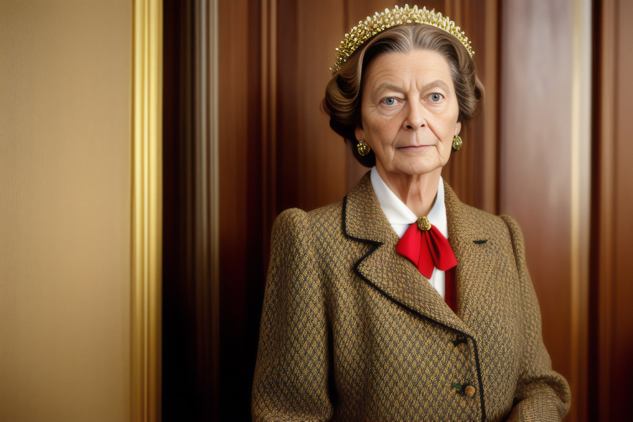 Portrait of an older woman wearing a gold tiara and a brown patterned jacket with a red bow tie.