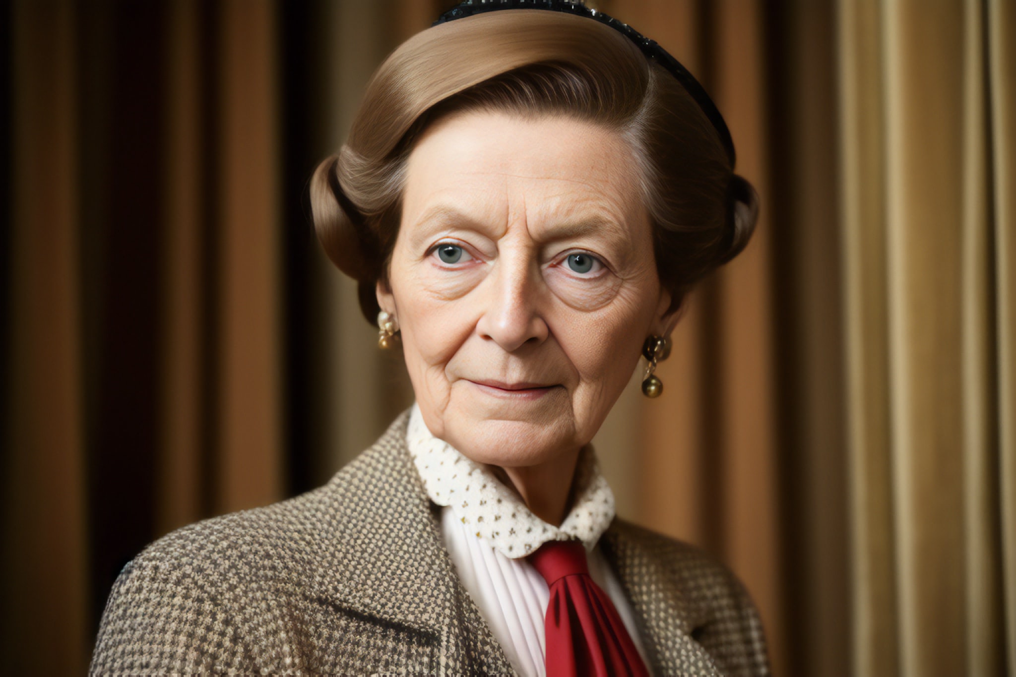 Portrait of an older woman with styled hair, wearing a tweed jacket and red tie.