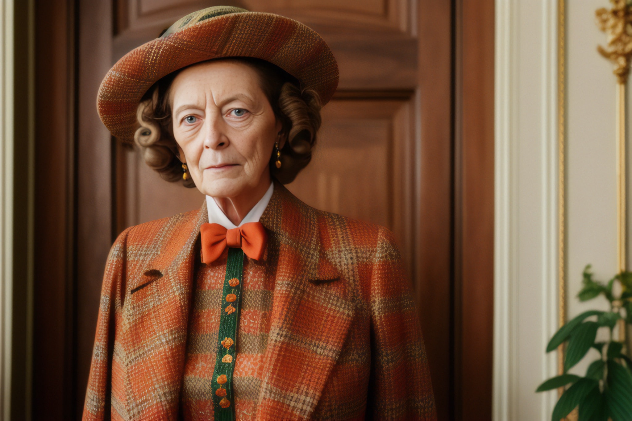 Portrait of an older woman wearing an orange plaid suit and hat.