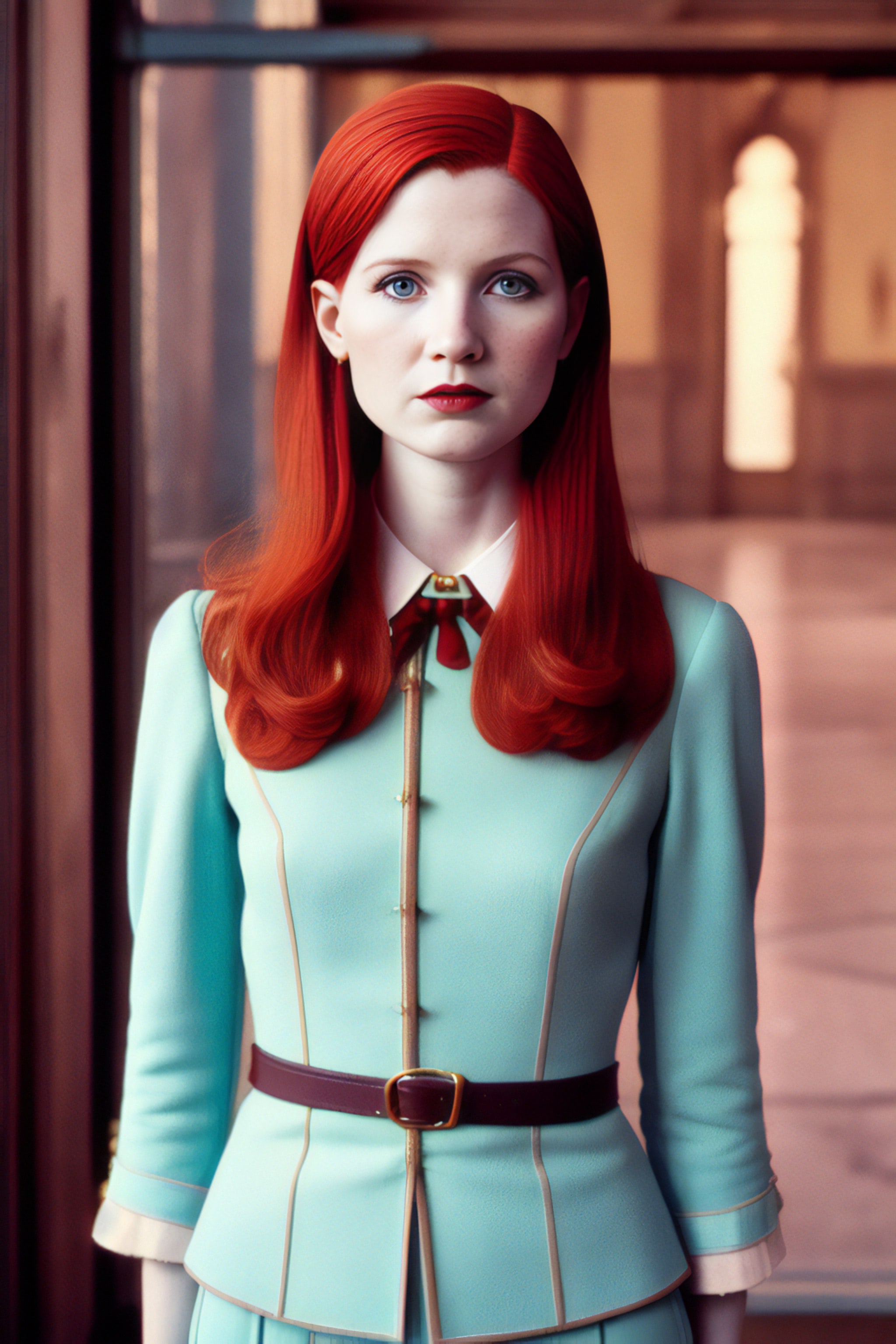 Portrait of a woman with long red hair wearing a teal jacket and brown belt.