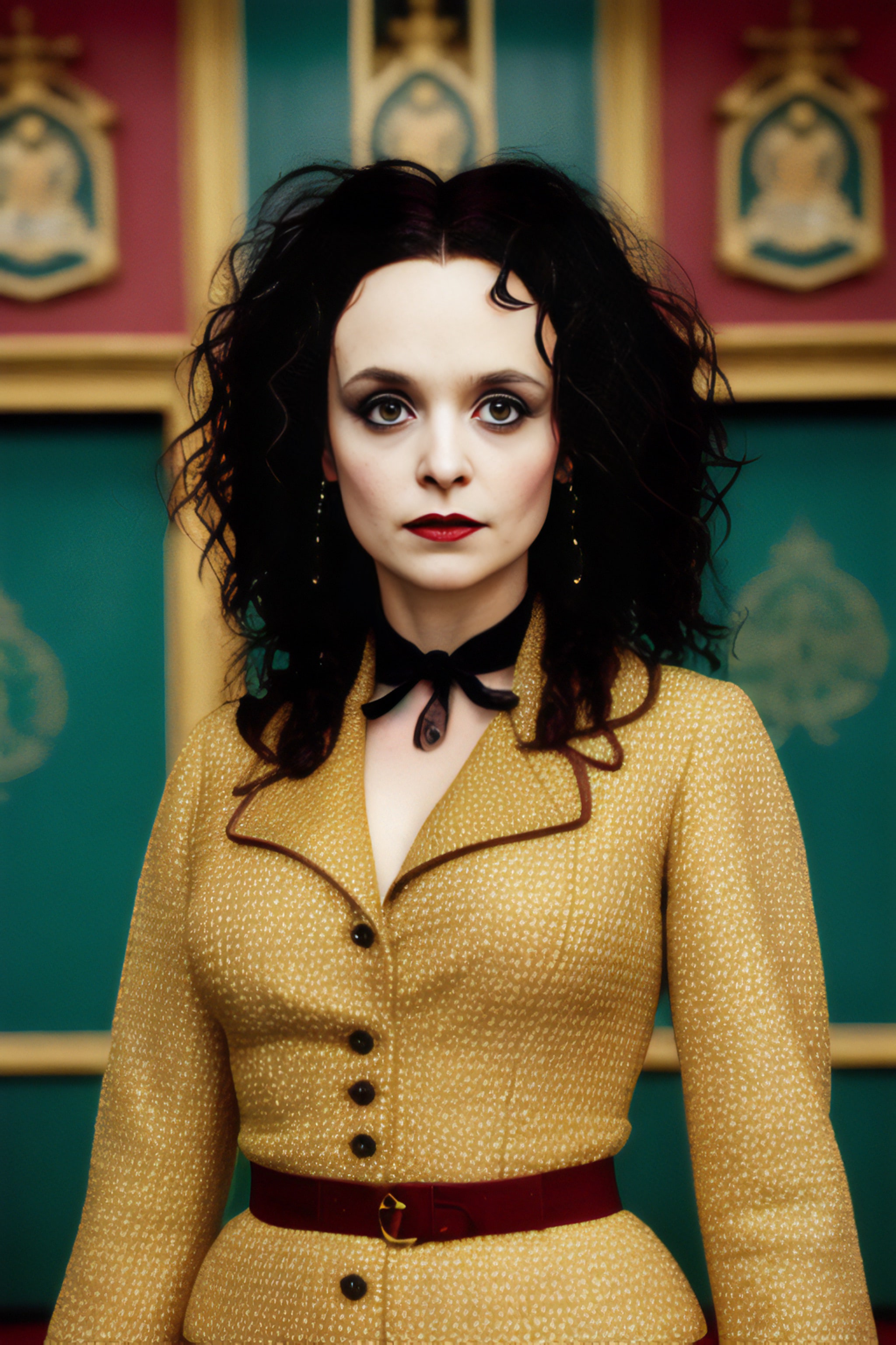 Portrait of a woman with dark curly hair, wearing a gold textured dress and a dark velvet collar.