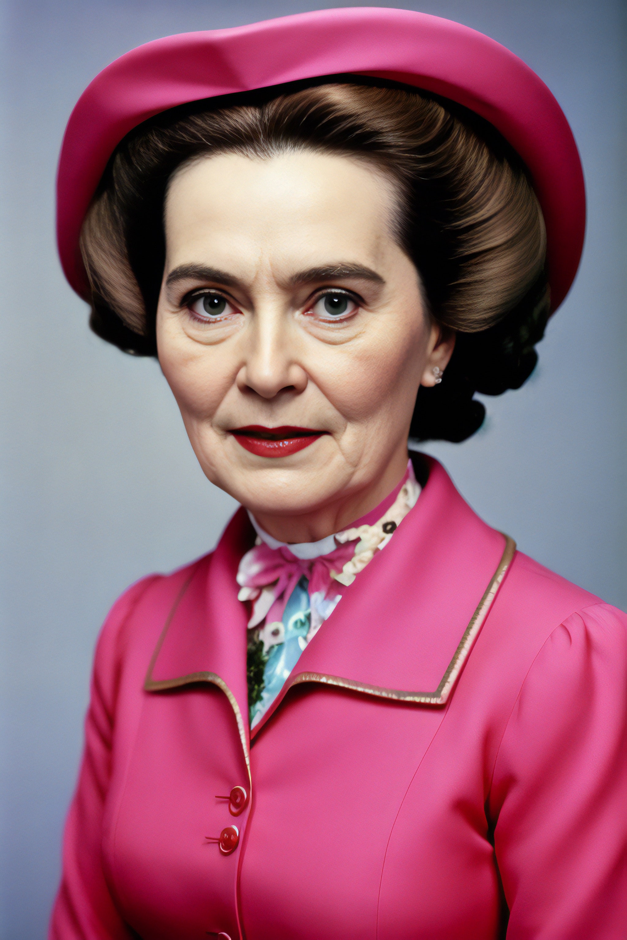 Portrait of a woman in a pink hat and matching jacket.