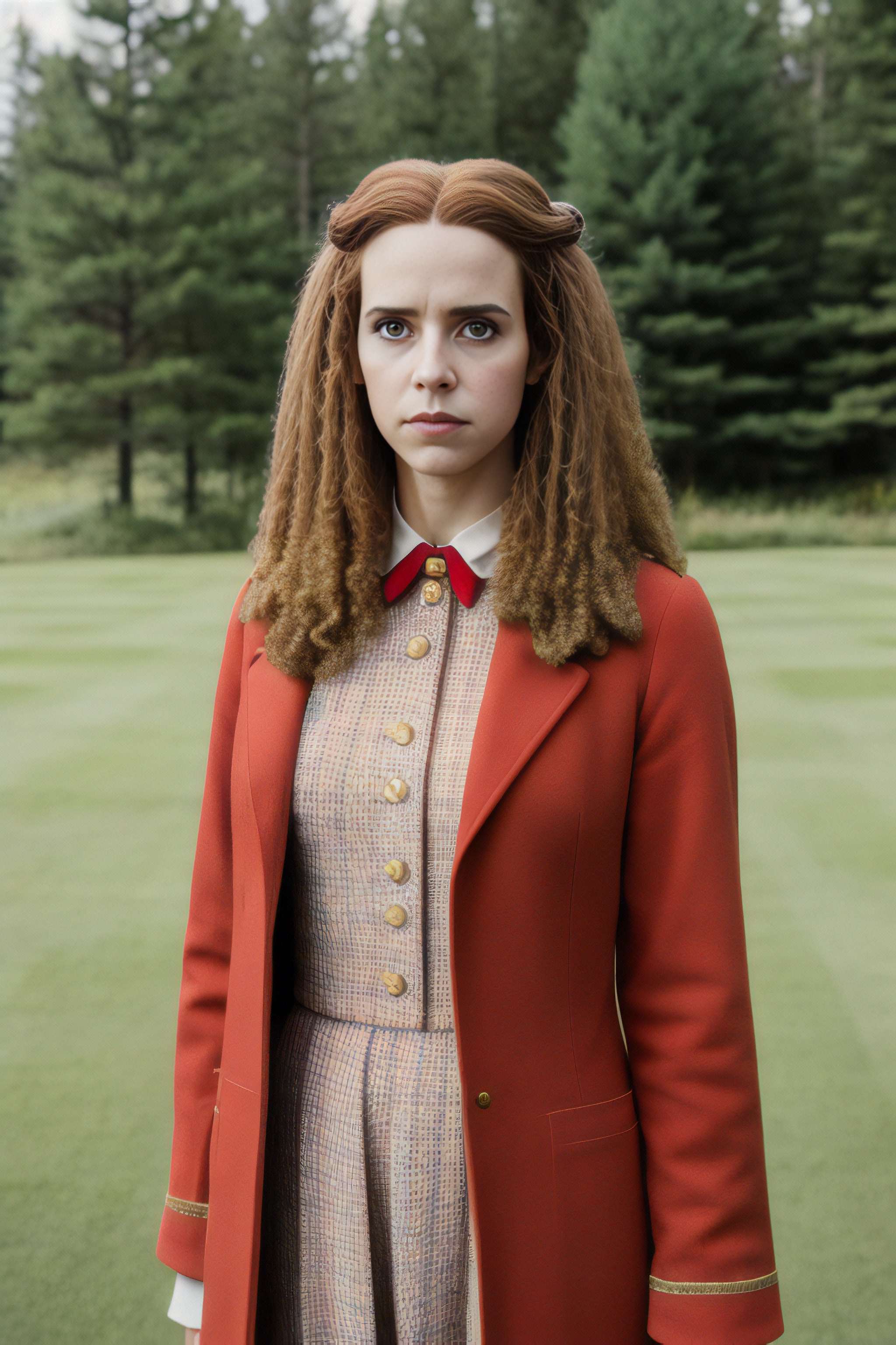 Portrait of a woman with reddish-brown hair wearing a red coat and a beige dress.