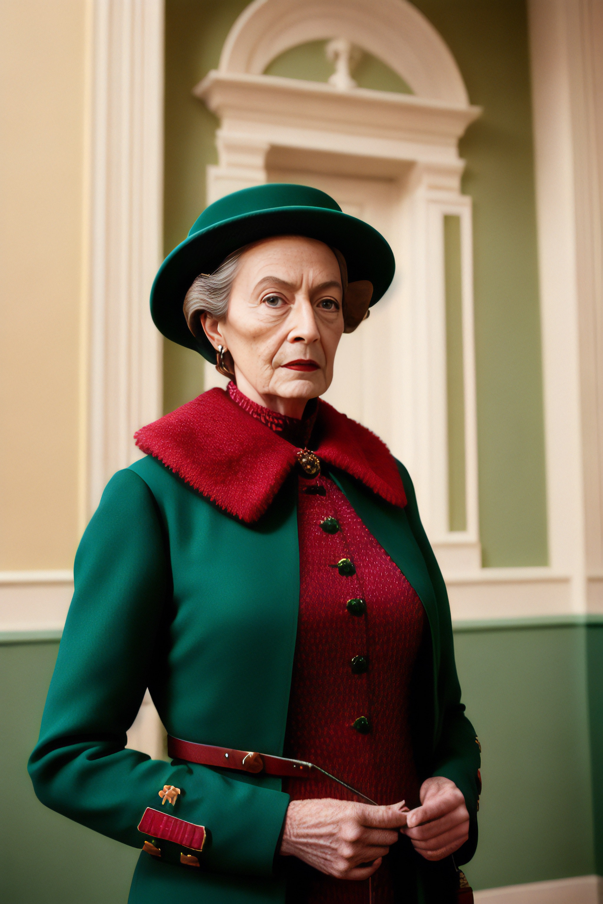 Portrait of an elderly woman in a green coat and red dress, wearing a green hat.