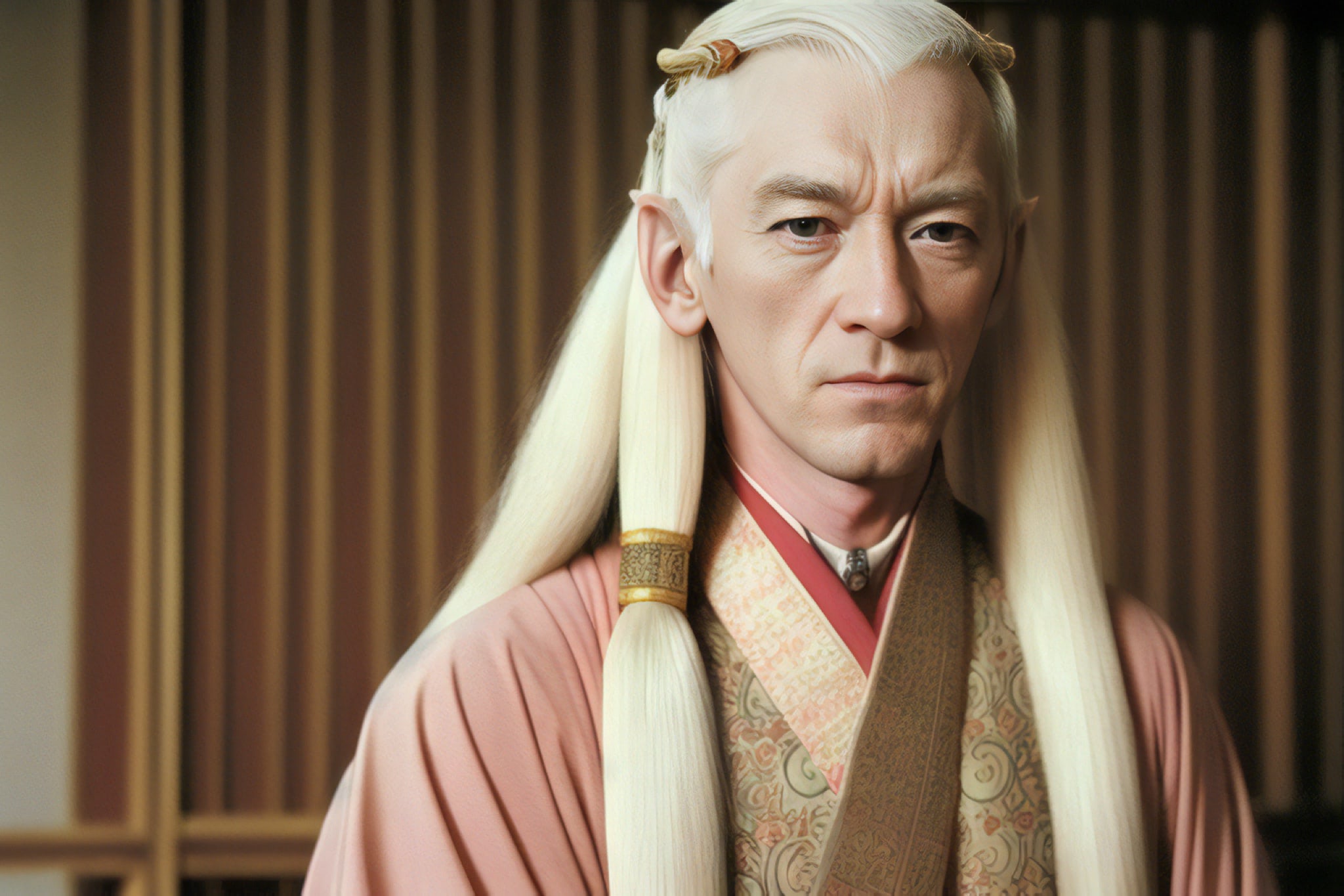 Close-up portrait of a man with long white hair, wearing a pink robe and ornate jewelry.