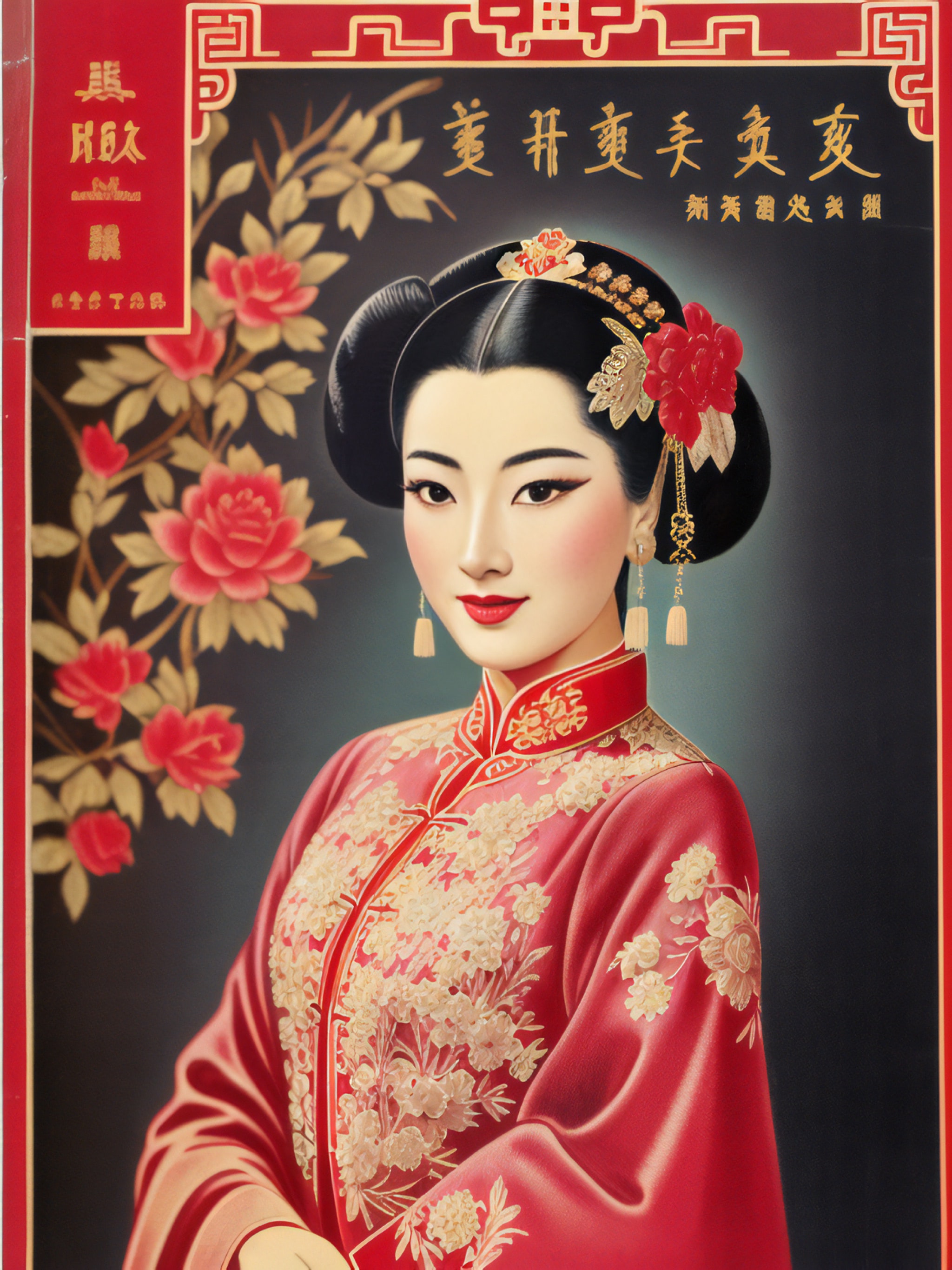 Vintage portrait of a Chinese actress in a red qipao.