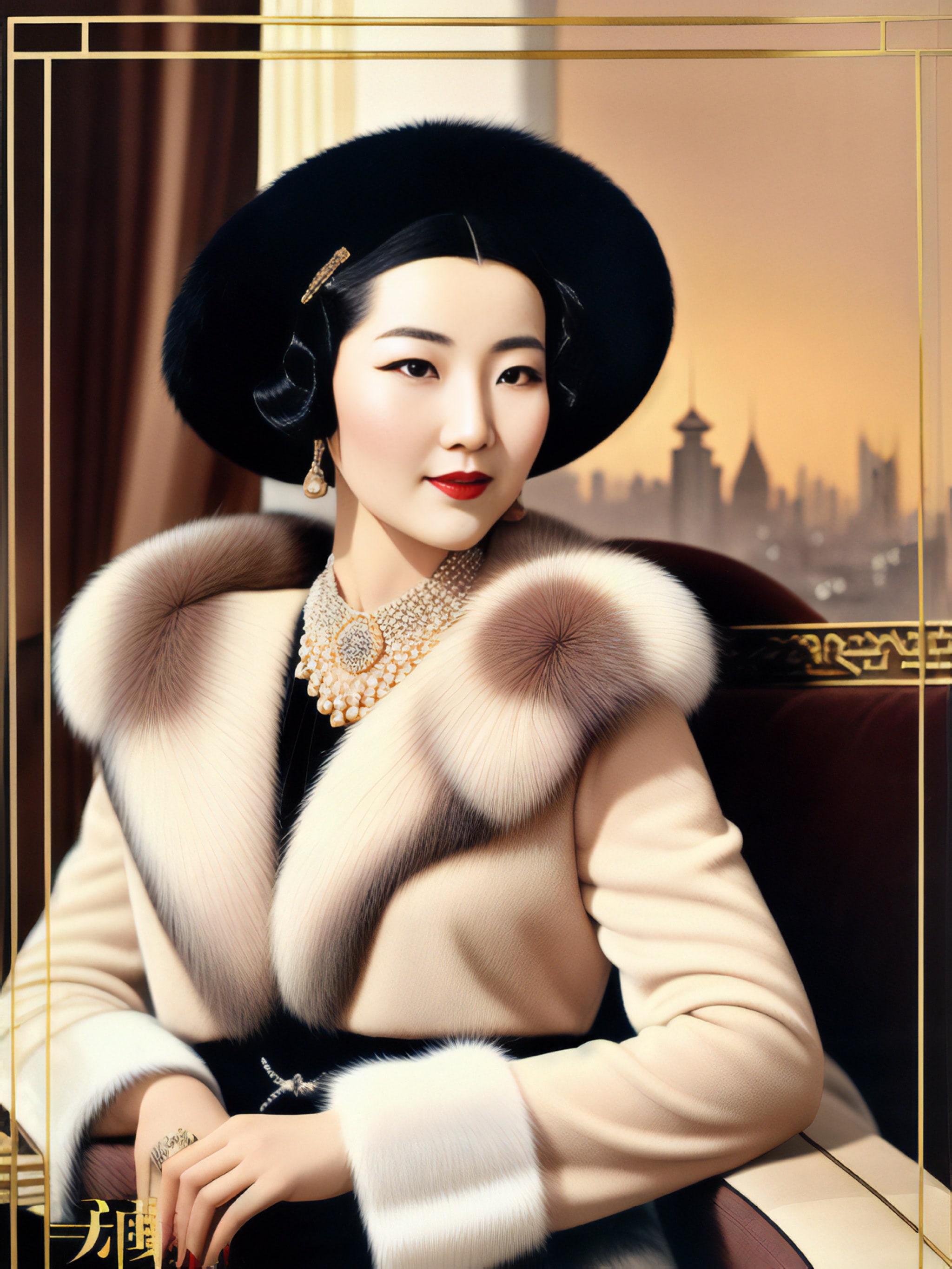 Portrait of a Chinese actress in a fur-trimmed coat and hat, against a city backdrop.