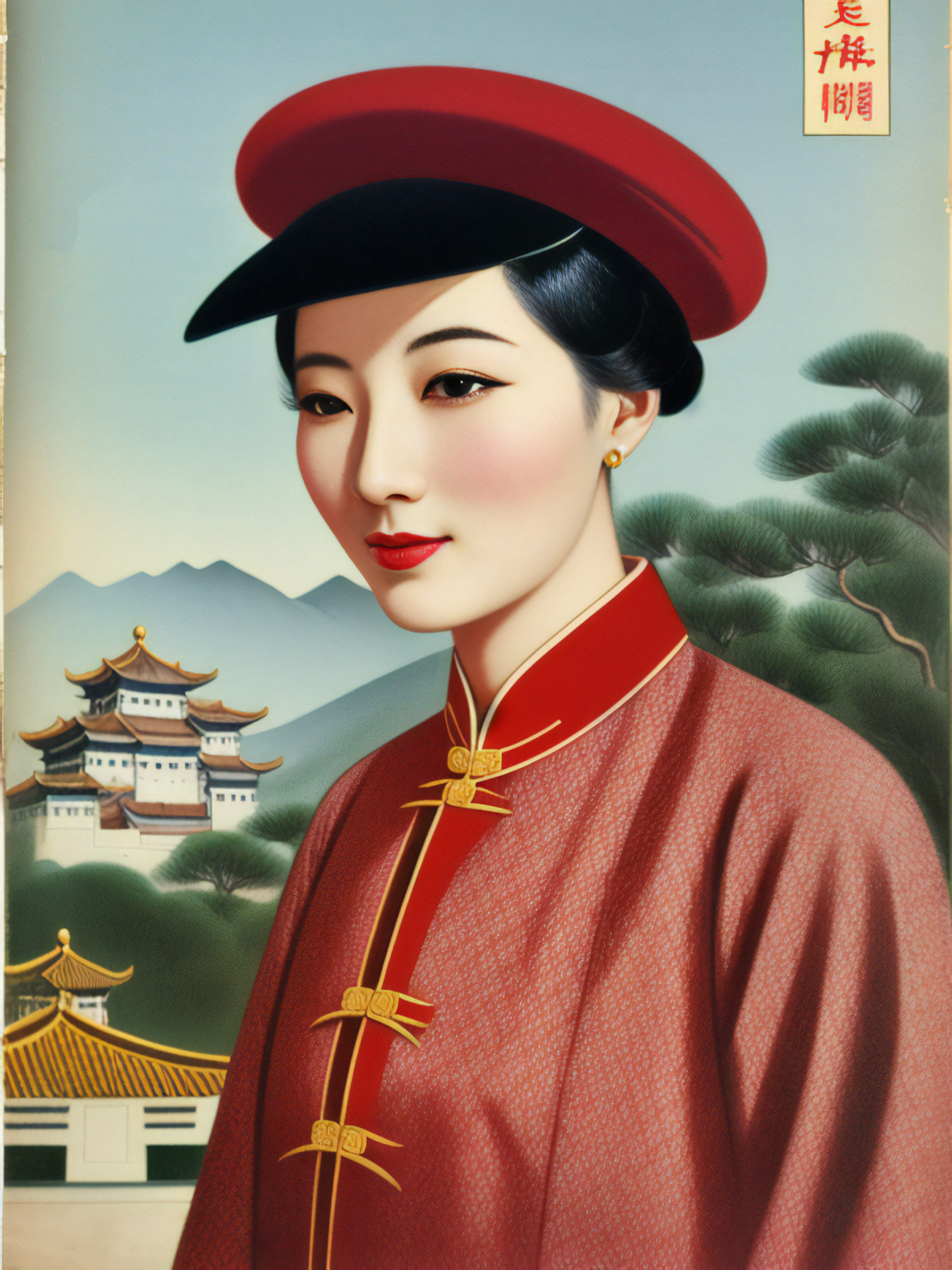 Portrait of a young Chinese woman in a red cheongsam and hat.