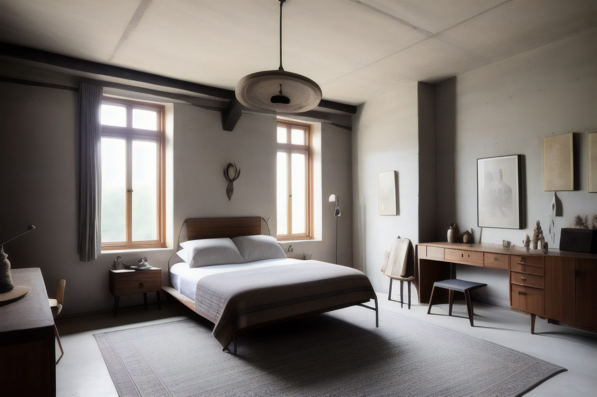 Modern bedroom with a bed, wooden desk, and large windows.