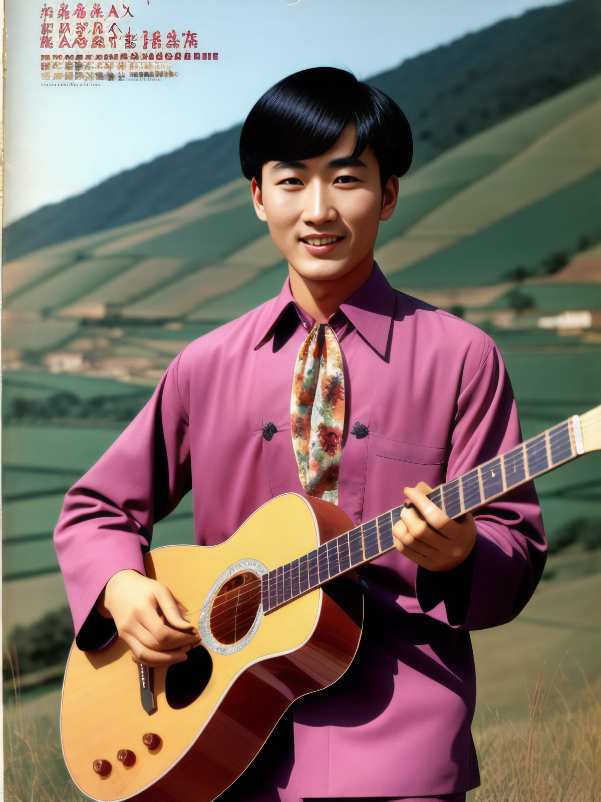 Young man in purple shirt playing acoustic guitar in rural Chinese landscape.