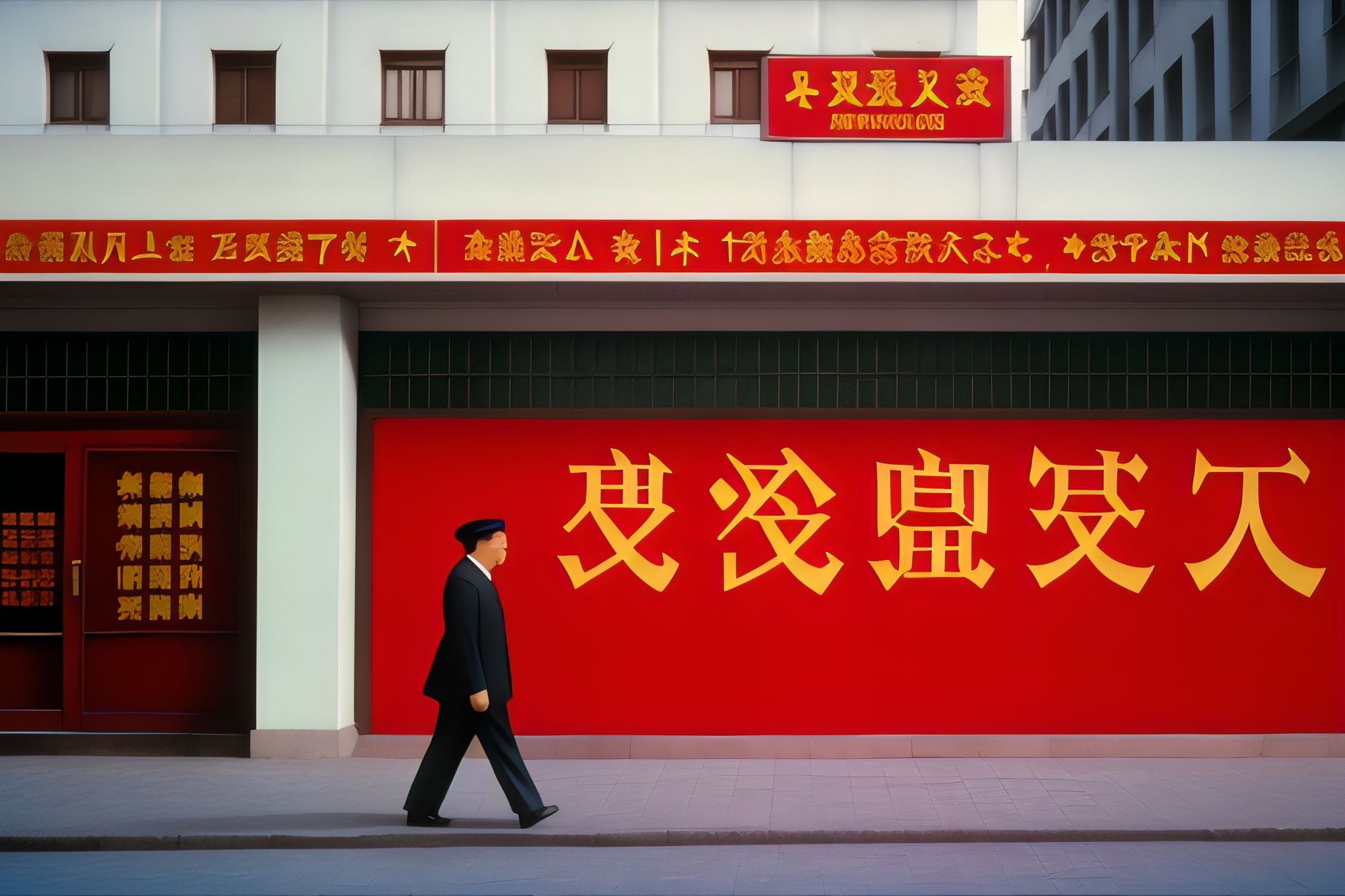 Man walking past building with large red sign in Chinese characters.